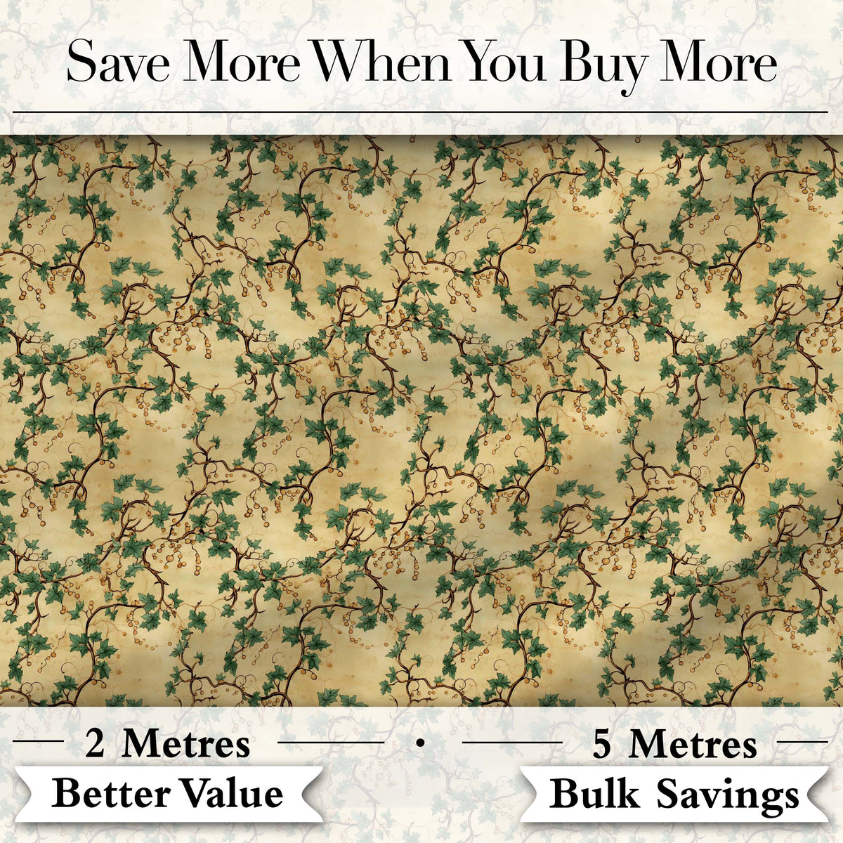 Elegant Grape Vine Branch Beige Background Seamless Pattern Digital Print Fabric by the Metre UK Sewing Quilting Textile