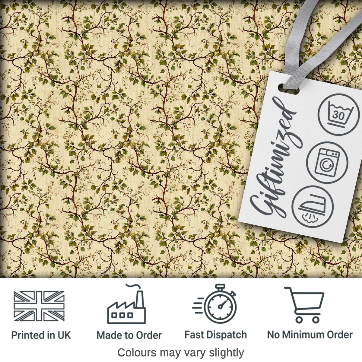 Elegant Twisting Vine Leaves Minimal Seamless Pattern Digital Print Fabric by the Metre UK Sewing Quilting Textile