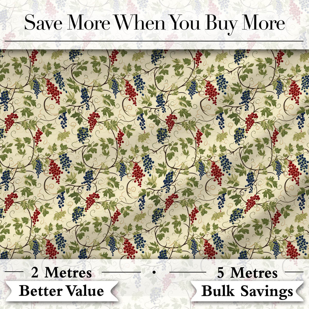 Red and Blue Berry Vine Leaves Seamless Pattern Digital Print Fabric by the Metre UK Sewing Quilting Textile