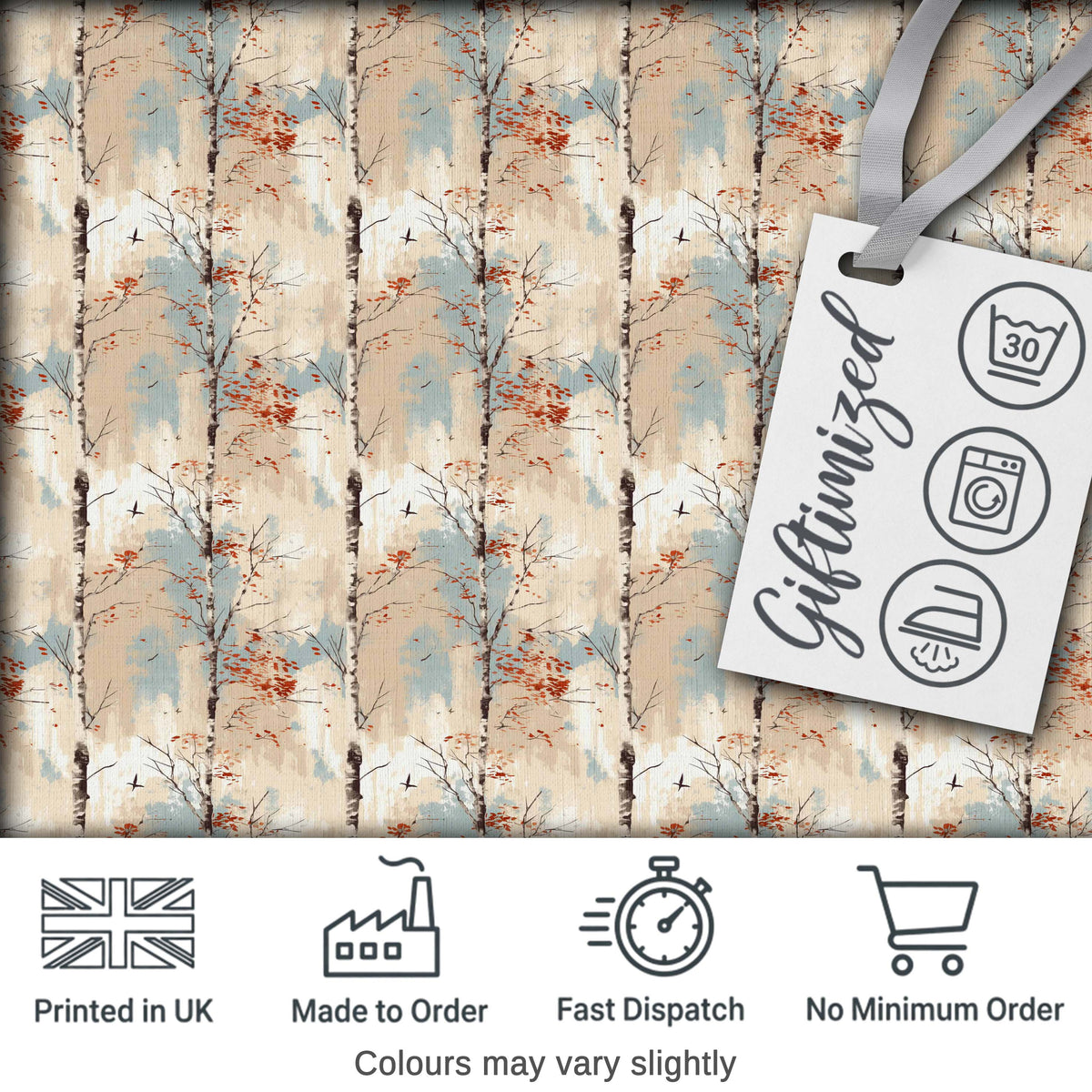 Minimal Birch Tree Autumn Leaves Seamless Pattern Digital Print Fabric by the Metre UK Sewing Quilting Textile