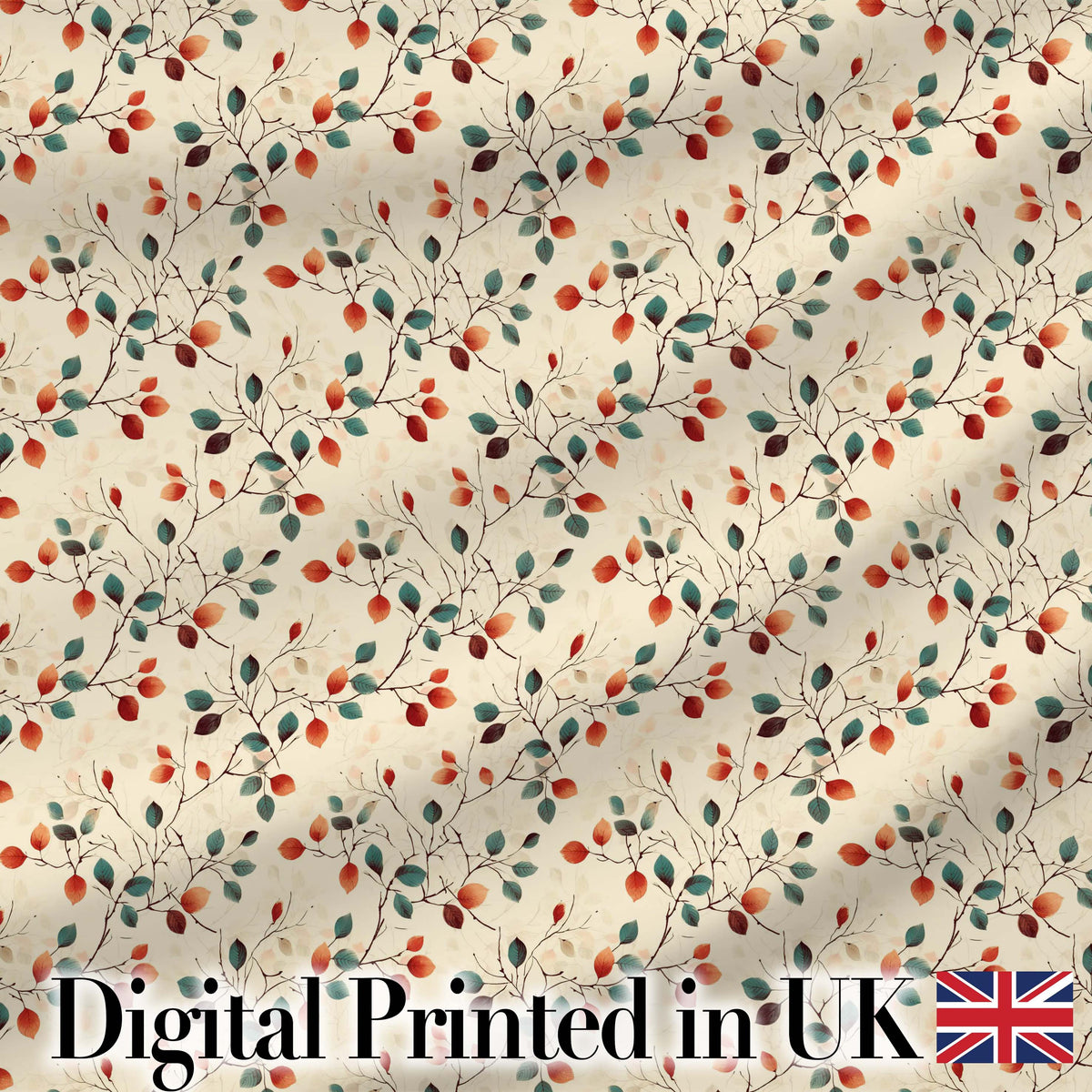 Autumn Branches with Red and Teal Leaves Seamless Pattern Digital Print Fabric by the Metre UK Sewing Quilting Textile