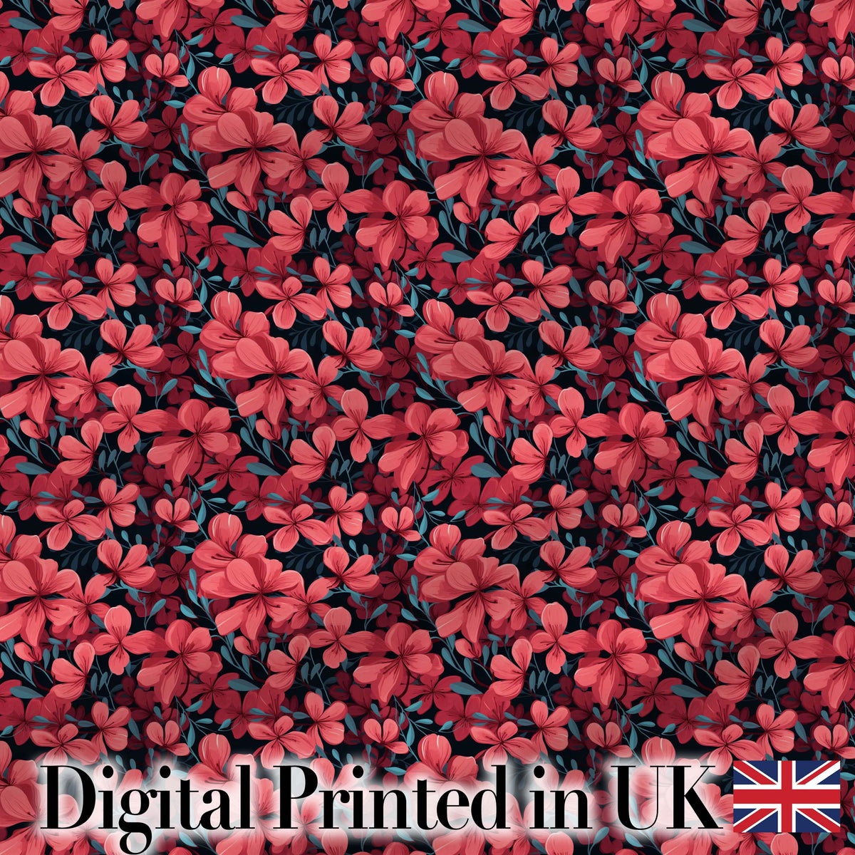 Bold Red Floral Blossoms on Dark Background Seamless Pattern Digital Print Fabric by the Metre UK Sewing Quilting Textile