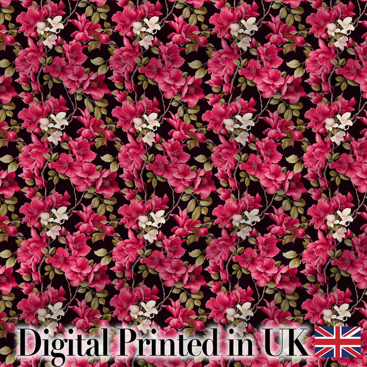 Elegant Pink Floral Arrangement on Deep Dark Background Seamless Pattern Digital Print Fabric by the Metre UK Sewing Quilting Textile