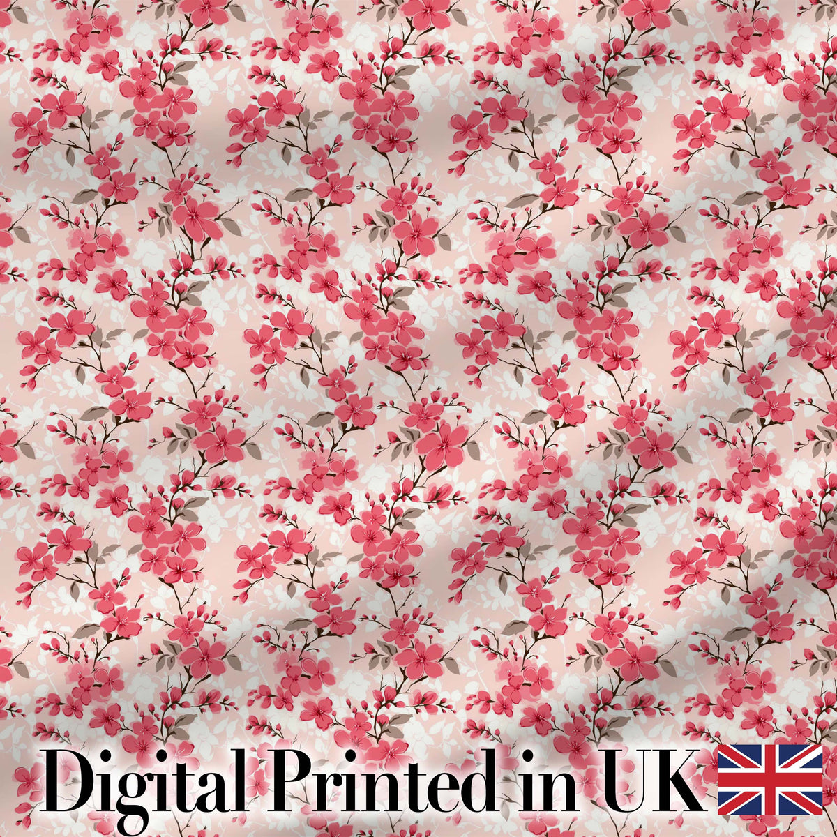 Coral Cherry Blossom Floral Branches on Beige Background Seamless Pattern Digital Print Fabric by the Metre UK Sewing Quilting Textile
