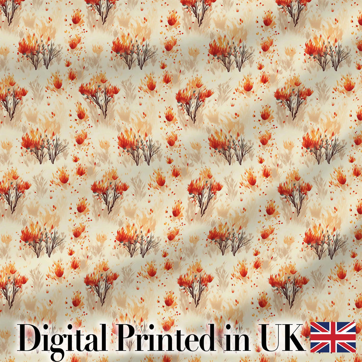 Abstract Fire Elements with Burning Bushes on Light Background Seamless Pattern Digital Print Fabric by the Metre UK Sewing Quilting Textile