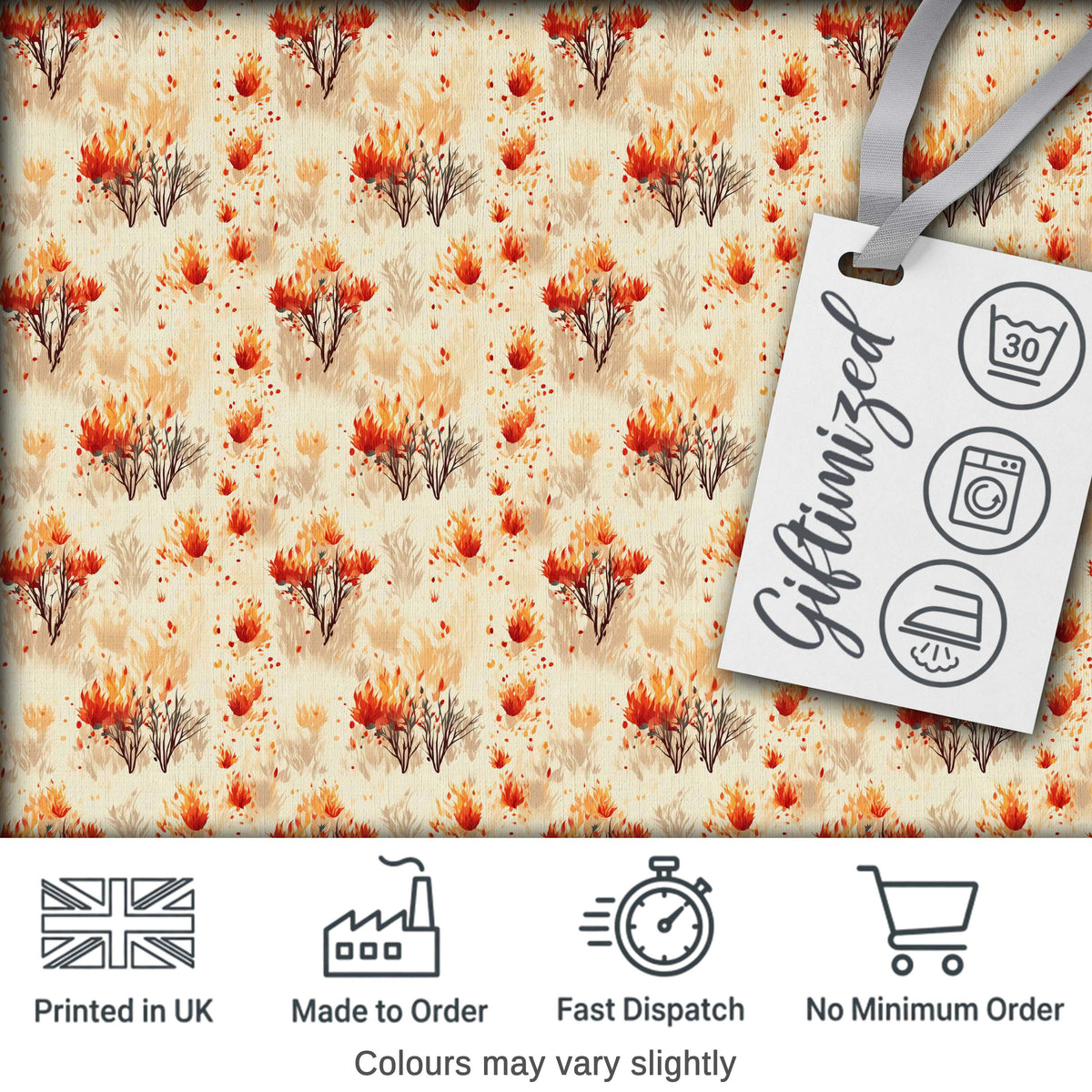 Abstract Fire Elements with Burning Bushes on Light Background Seamless Pattern Digital Print Fabric by the Metre UK Sewing Quilting Textile