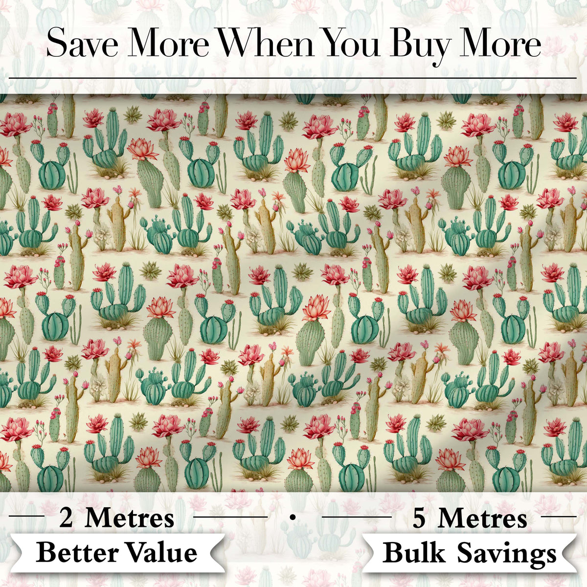 Vintage Style Cactus and Pink Flower Botanical Seamless Pattern Digital Print Fabric by the Metre UK Sewing Quilting Textile