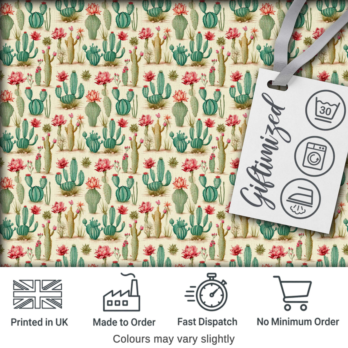 Vintage Style Cactus and Pink Flower Botanical Seamless Pattern Digital Print Fabric by the Metre UK Sewing Quilting Textile