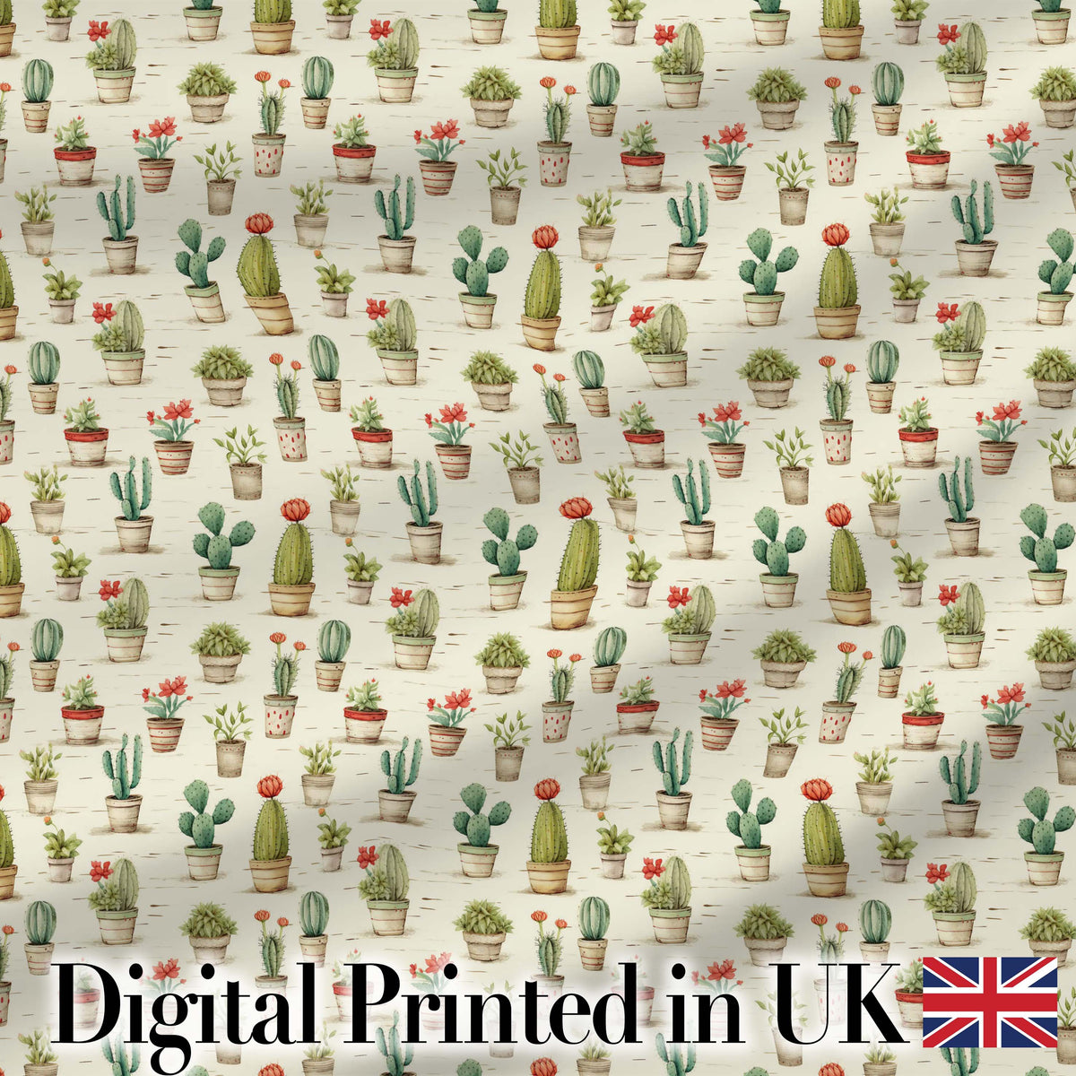 Vintage Potted Cactus and Succulent Botanical Seamless Pattern Digital Print Fabric by the Metre UK Sewing Quilting Textile