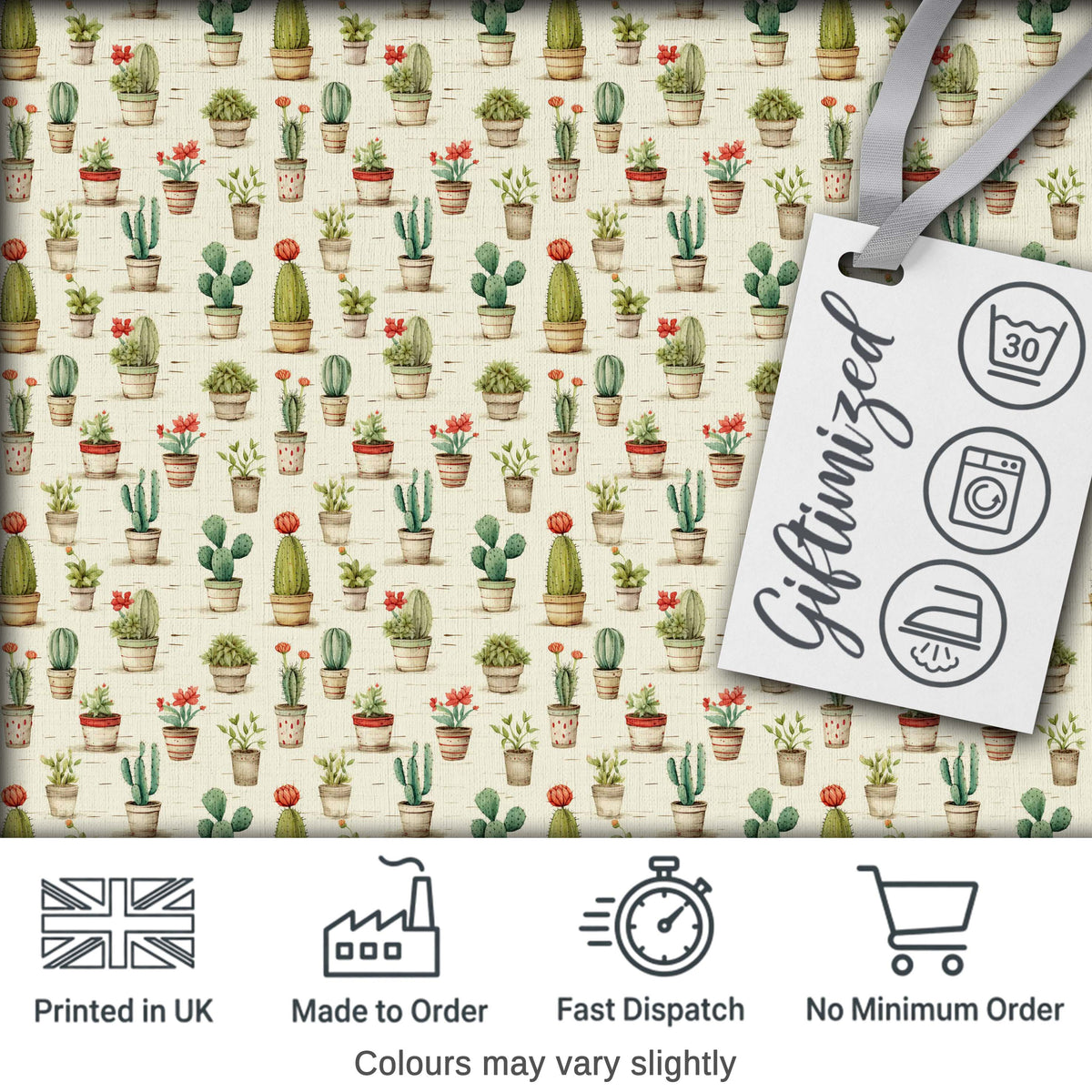 Vintage Potted Cactus and Succulent Botanical Seamless Pattern Digital Print Fabric by the Metre UK Sewing Quilting Textile