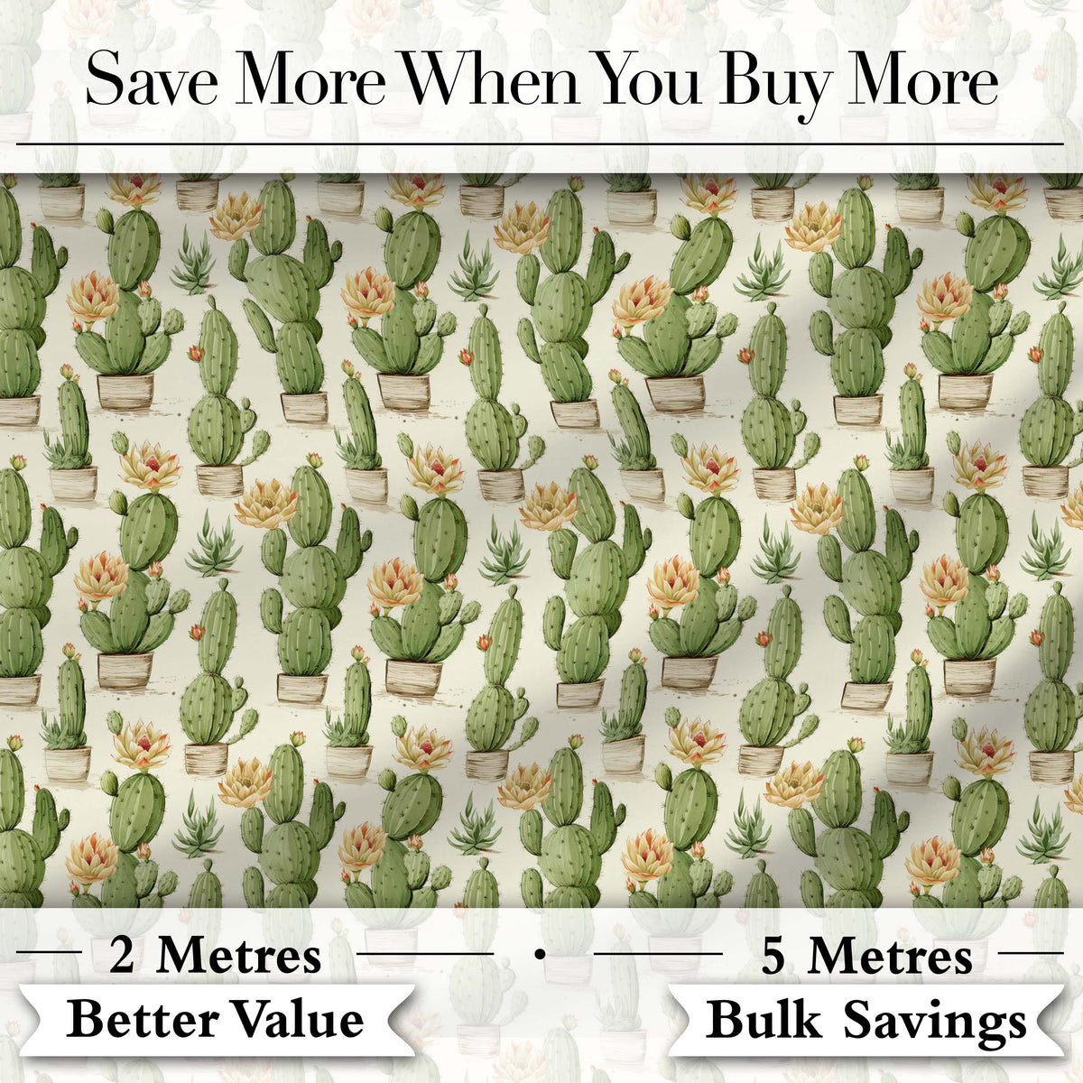 Soft Green Cactus with Cream Flower Illustration Seamless Pattern Digital Print Fabric by the Metre UK Sewing Quilting Textile
