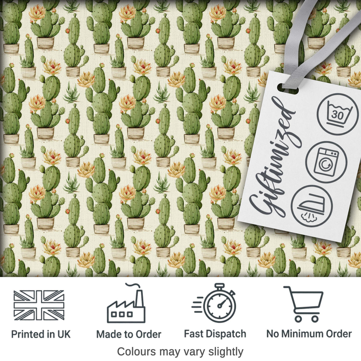 Soft Green Cactus with Cream Flower Illustration Seamless Pattern Digital Print Fabric by the Metre UK Sewing Quilting Textile