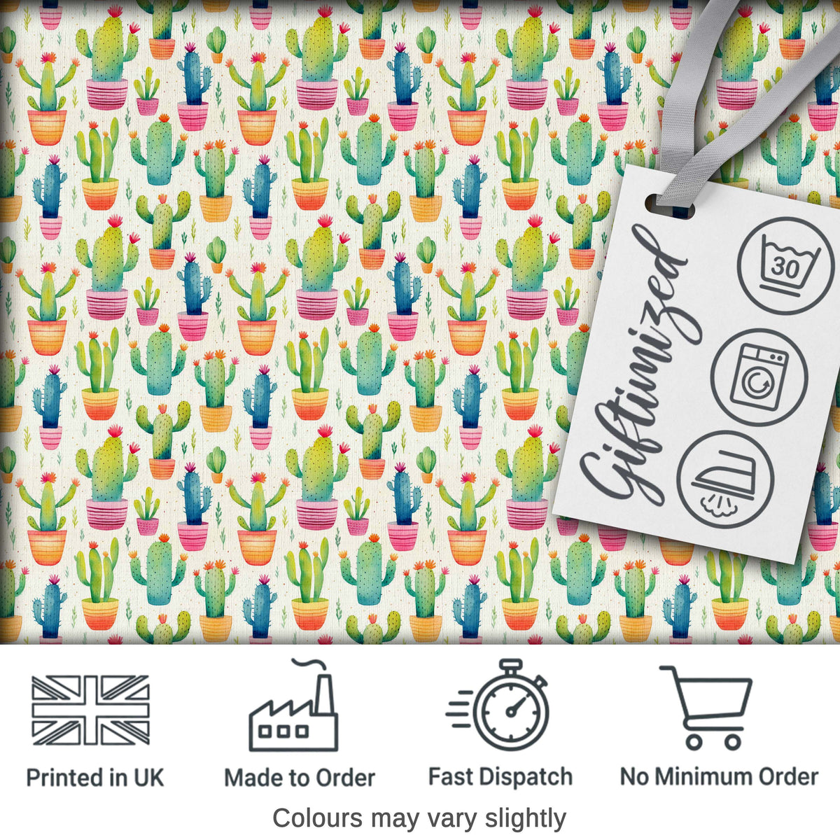 Colourful Watercolor Cactus Pots Fun Seamless Pattern Digital Print Fabric by the Metre UK Sewing Quilting Textile