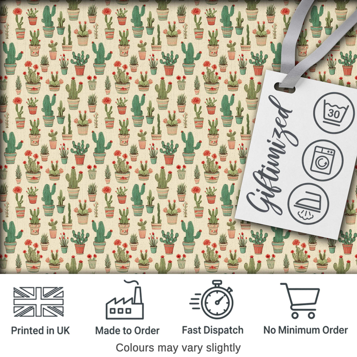 Cute Vintage Style Cactus and Flower Pots Beige Seamless Pattern Digital Print Fabric by the Metre UK Sewing Quilting Textile