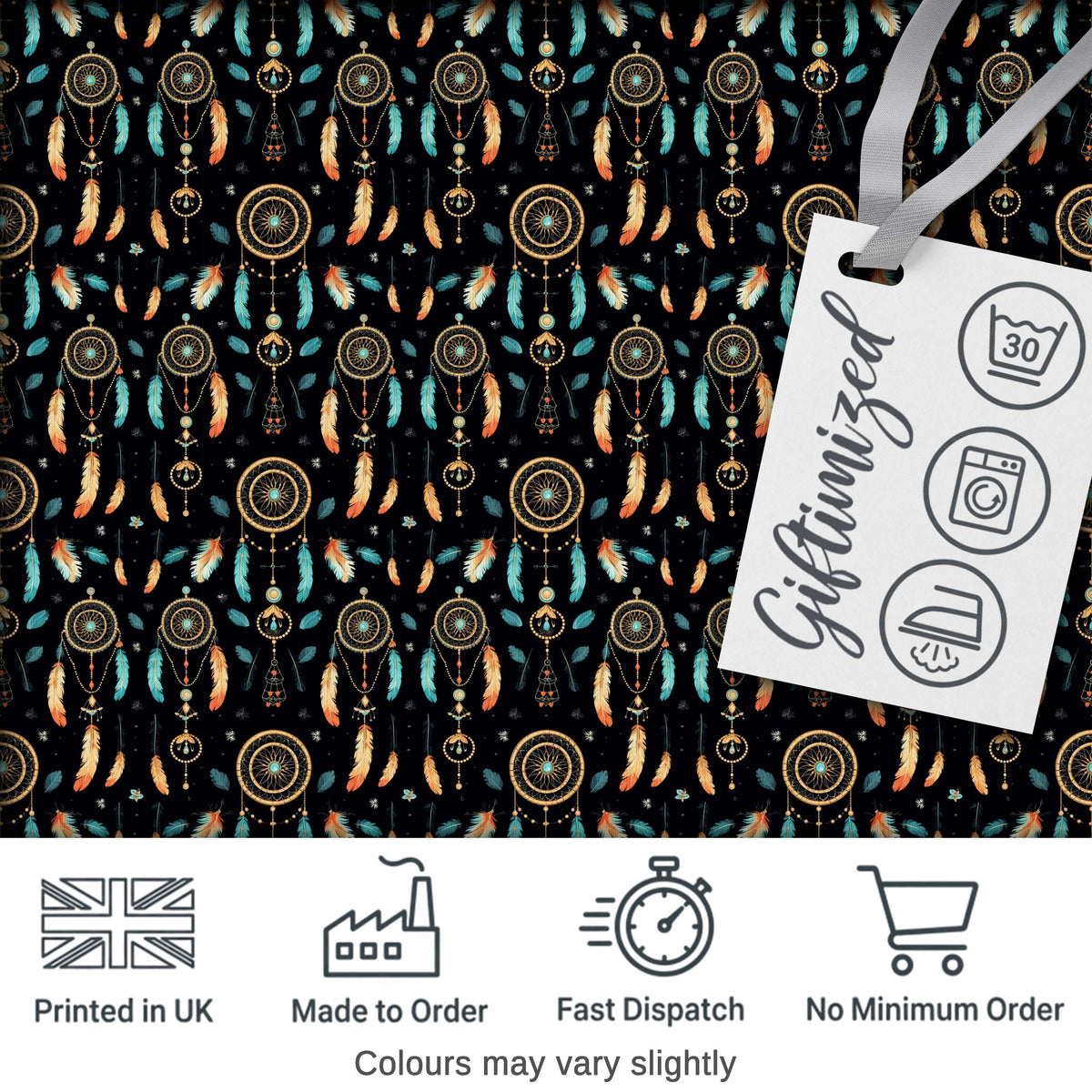 Dark Boho Dreamcatcher Feathers Night Seamless Pattern Designs Digital Print Fabric by the Metre UK Sewing Quilting Textile