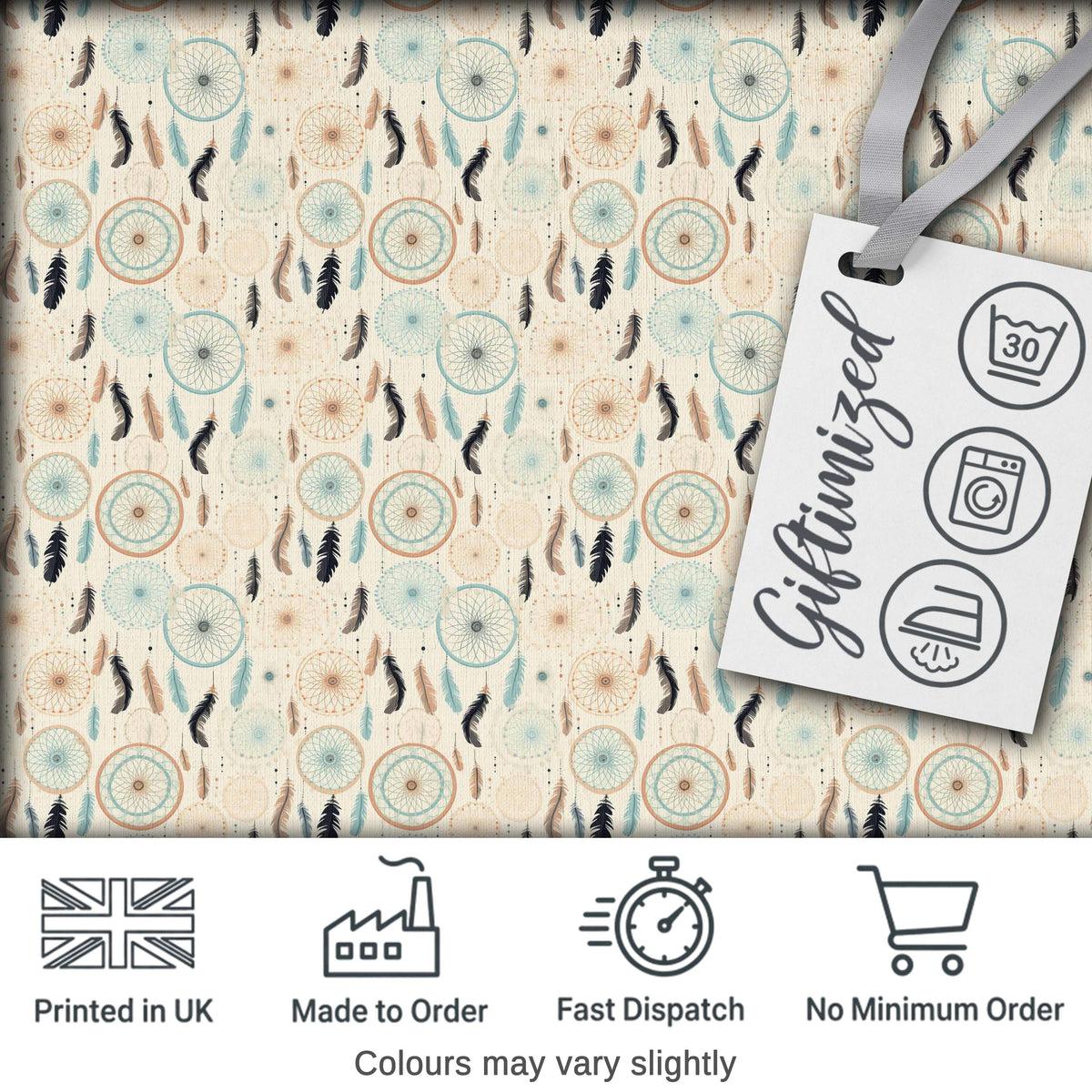 Soft Boho Dreamcatcher Feathers Neutral Seamless Pattern Designs Digital Print Fabric by the Metre UK Sewing Quilting Textile