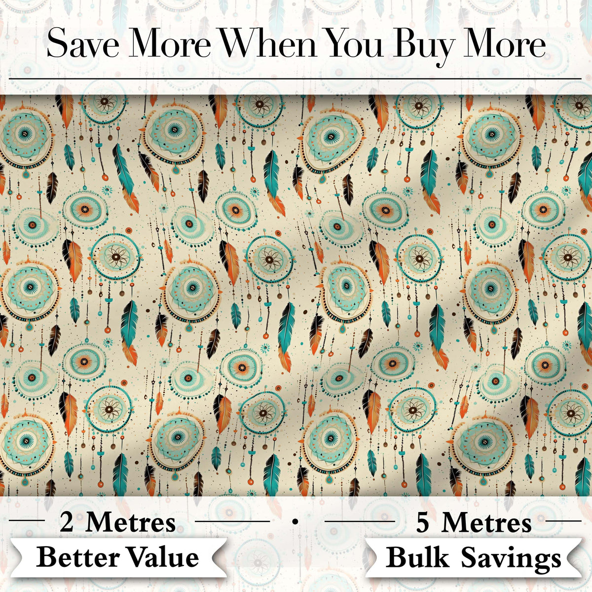 Turquoise Dreamcatcher Feathers Bohemian Seamless Pattern Digital Print Fabric by the Metre UK Sewing Quilting Textile