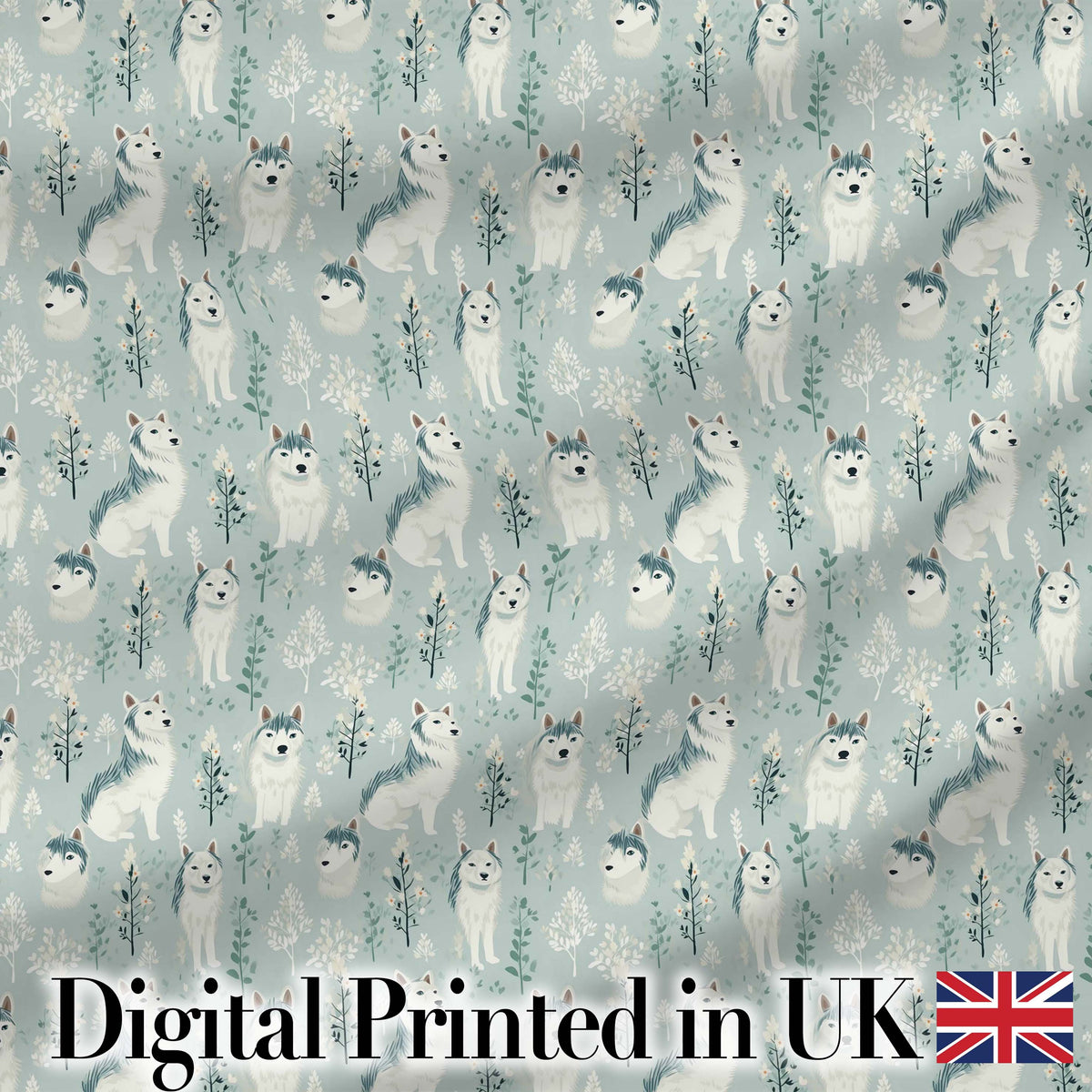 Cute Husky Dogs Floral Forest Pattern Soft Blue Background Digital Print Fabric by the Metre UK Sewing Quilting Textile