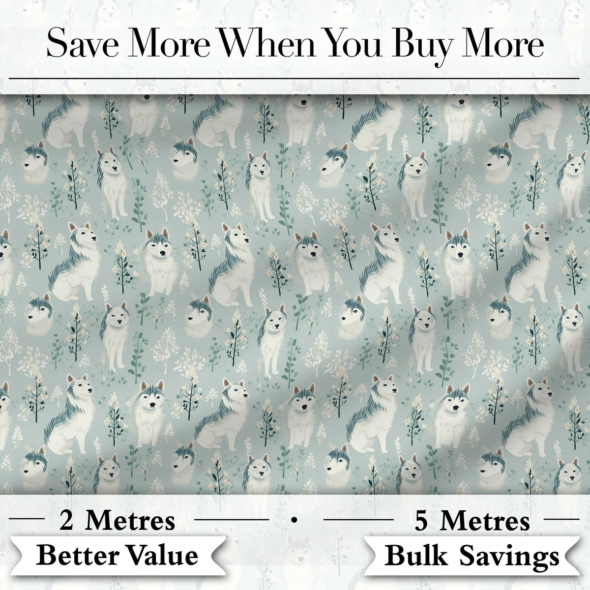 Cute Husky Dogs Floral Forest Pattern Soft Blue Background Digital Print Fabric by the Metre UK Sewing Quilting Textile