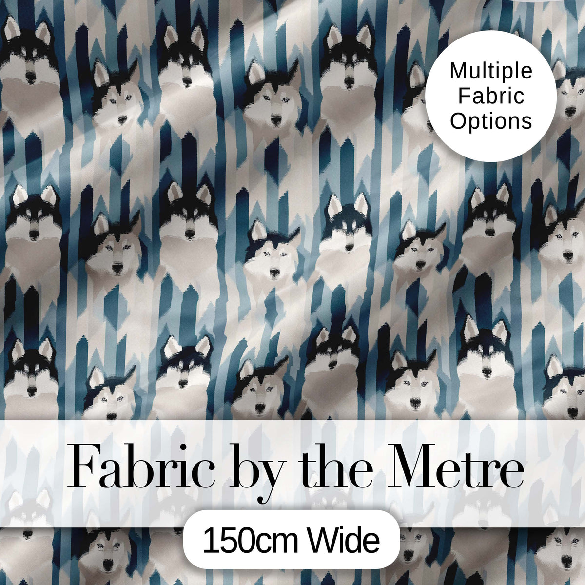 Modern Minimal Husky Dogs Abstract Shapes Pattern Blue Grey Digital Print Fabric by the Metre UK Sewing Quilting Textile