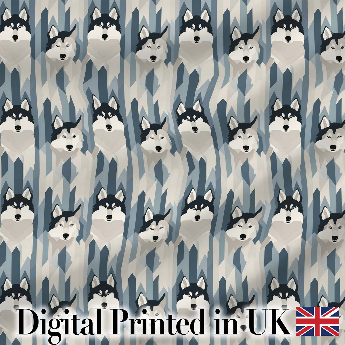 Modern Minimal Husky Dogs Abstract Shapes Pattern Blue Grey Digital Print Fabric by the Metre UK Sewing Quilting Textile
