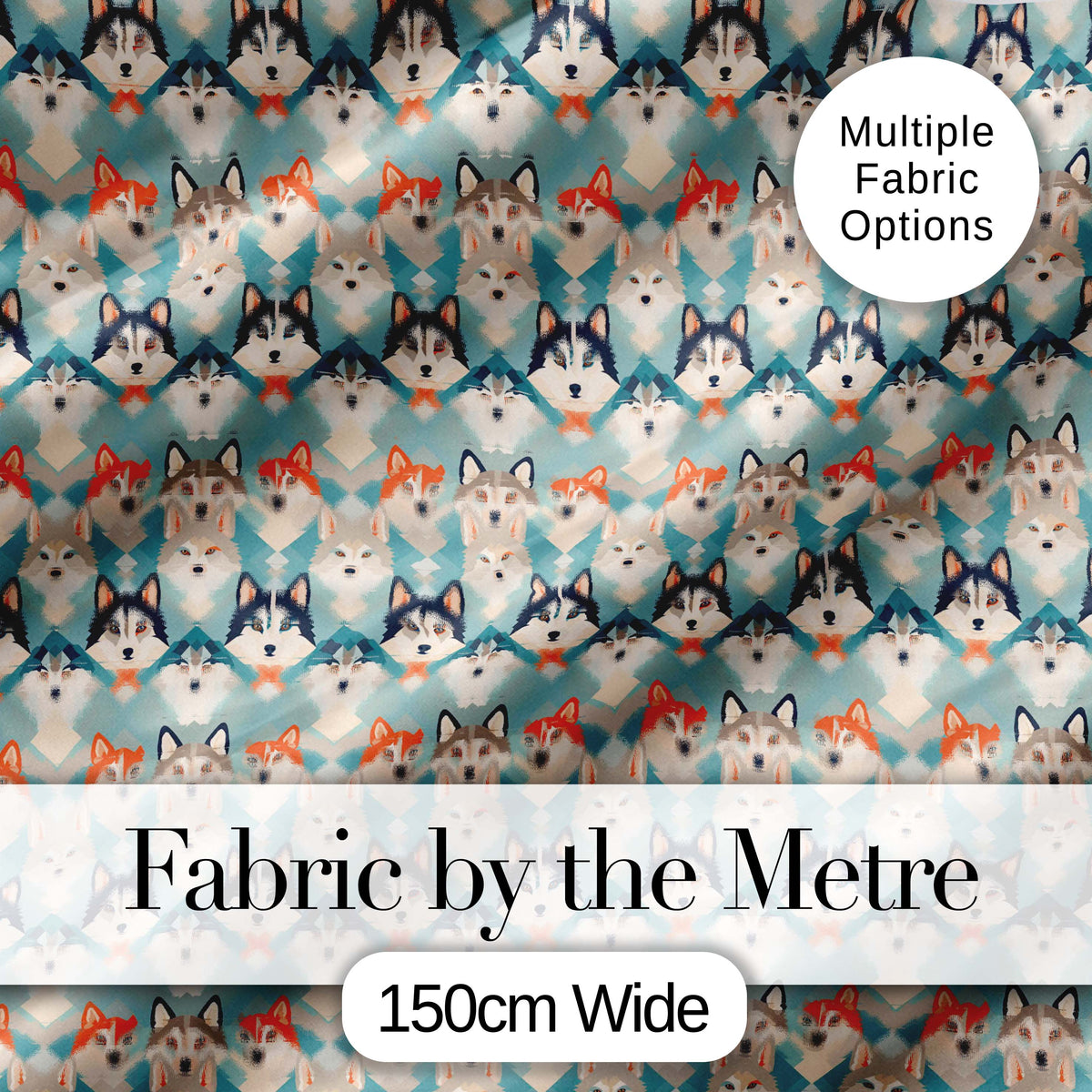 Diamond Layout Husky Dog Faces Pattern Nordic Style Digital Print Fabric by the Metre UK Sewing Quilting Textile