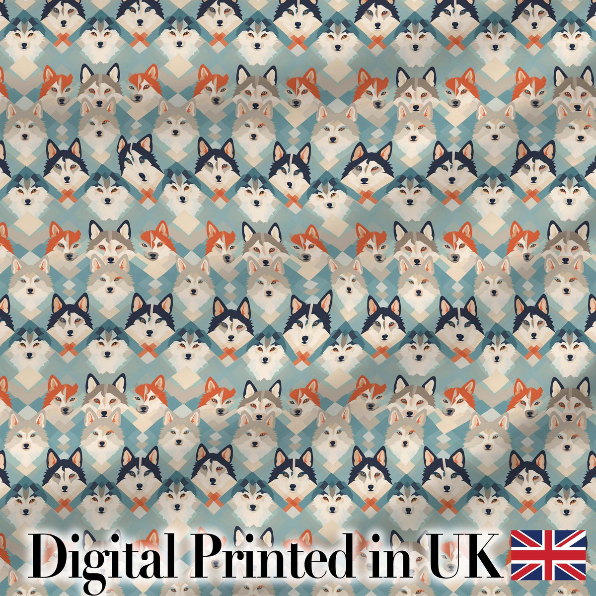 Diamond Layout Husky Dog Faces Pattern Nordic Style Digital Print Fabric by the Metre UK Sewing Quilting Textile