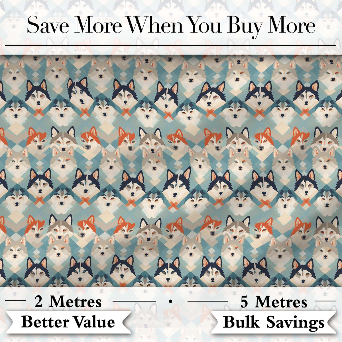 Diamond Layout Husky Dog Faces Pattern Nordic Style Digital Print Fabric by the Metre UK Sewing Quilting Textile