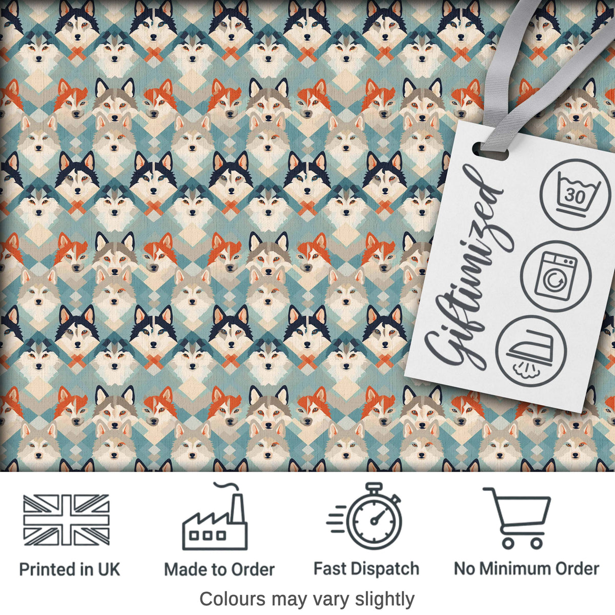 Diamond Layout Husky Dog Faces Pattern Nordic Style Digital Print Fabric by the Metre UK Sewing Quilting Textile
