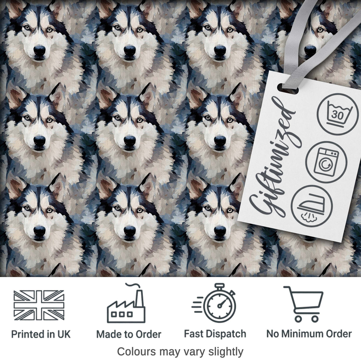 Realistic Husky Dog Portrait Repeat Pattern Soft Neutral Background Digital Print Fabric by the Metre UK Sewing Quilting Textile