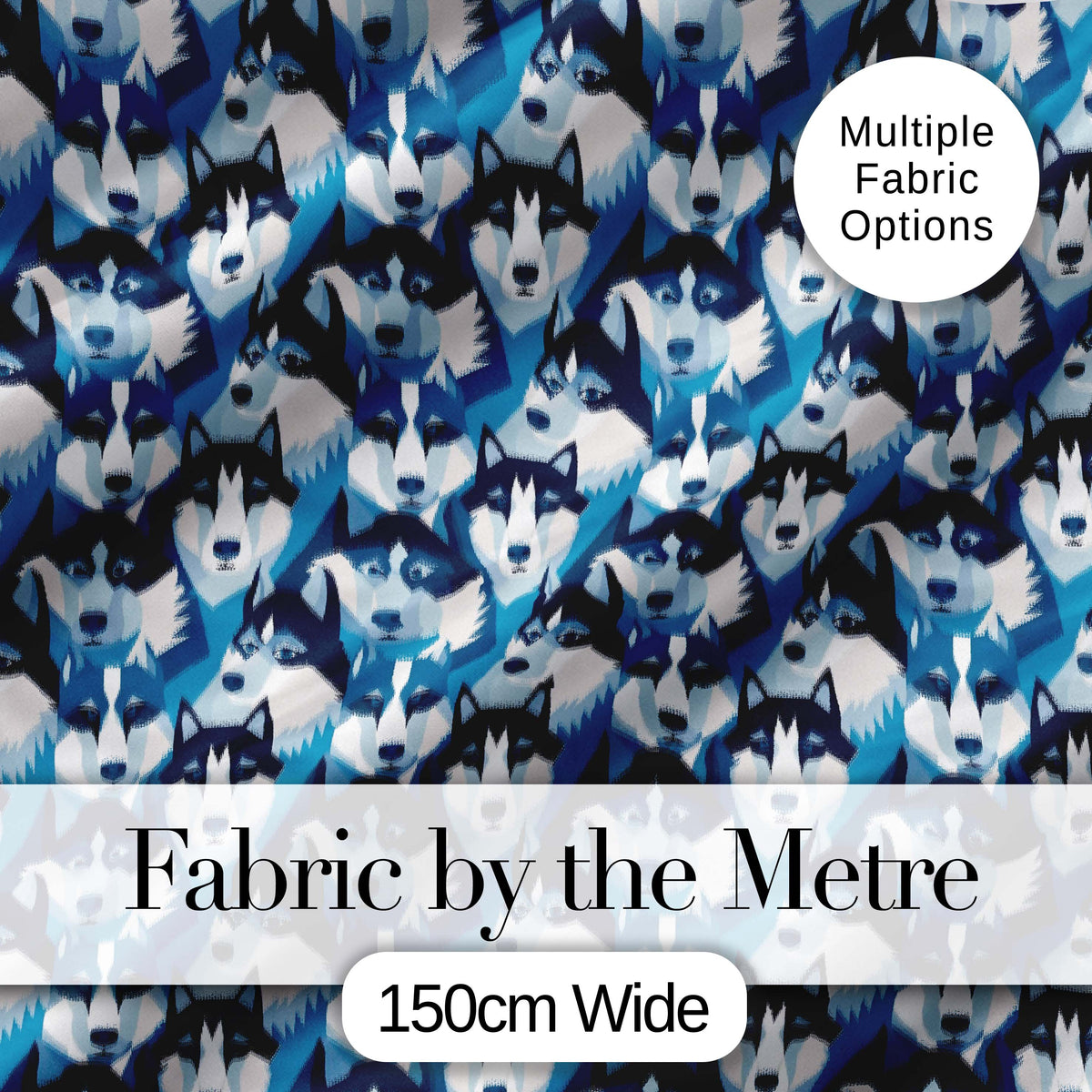 Modern Geometric Husky Dog Heads Seamless Pattern Blue Tone Abstract Style Digital Print Fabric by the Metre UK Sewing Quilting Textile