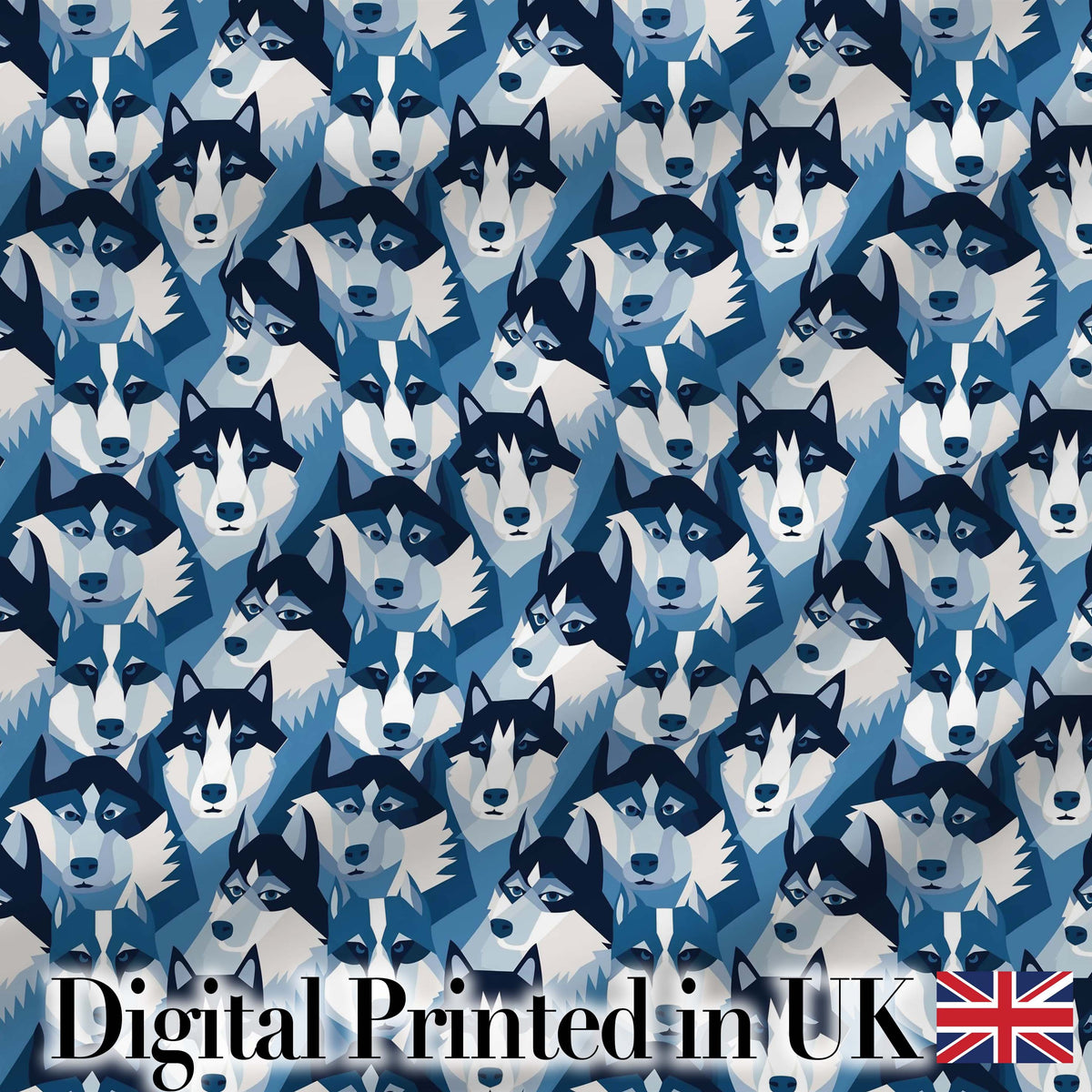Modern Geometric Husky Dog Heads Seamless Pattern Blue Tone Abstract Style Digital Print Fabric by the Metre UK Sewing Quilting Textile