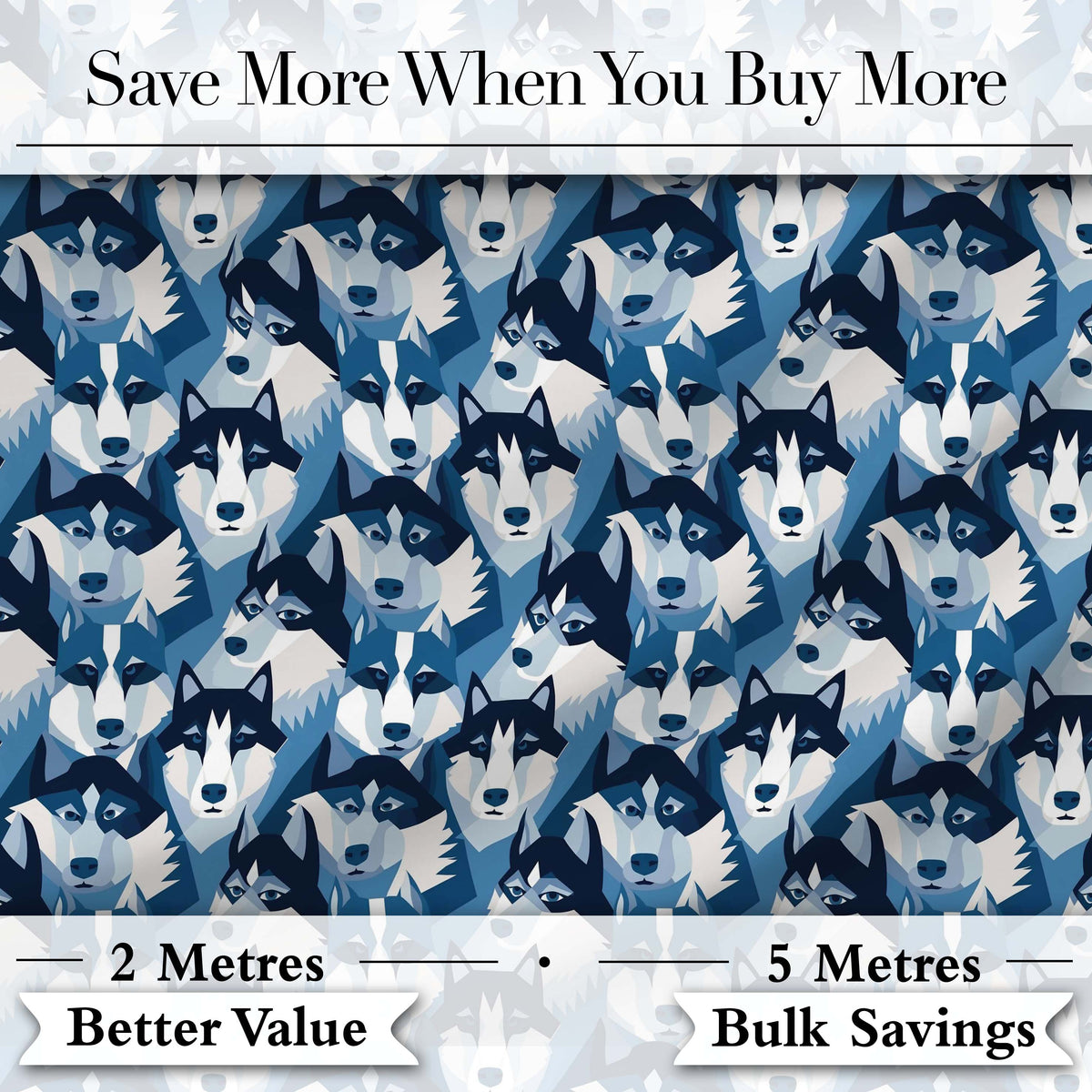 Modern Geometric Husky Dog Heads Seamless Pattern Blue Tone Abstract Style Digital Print Fabric by the Metre UK Sewing Quilting Textile