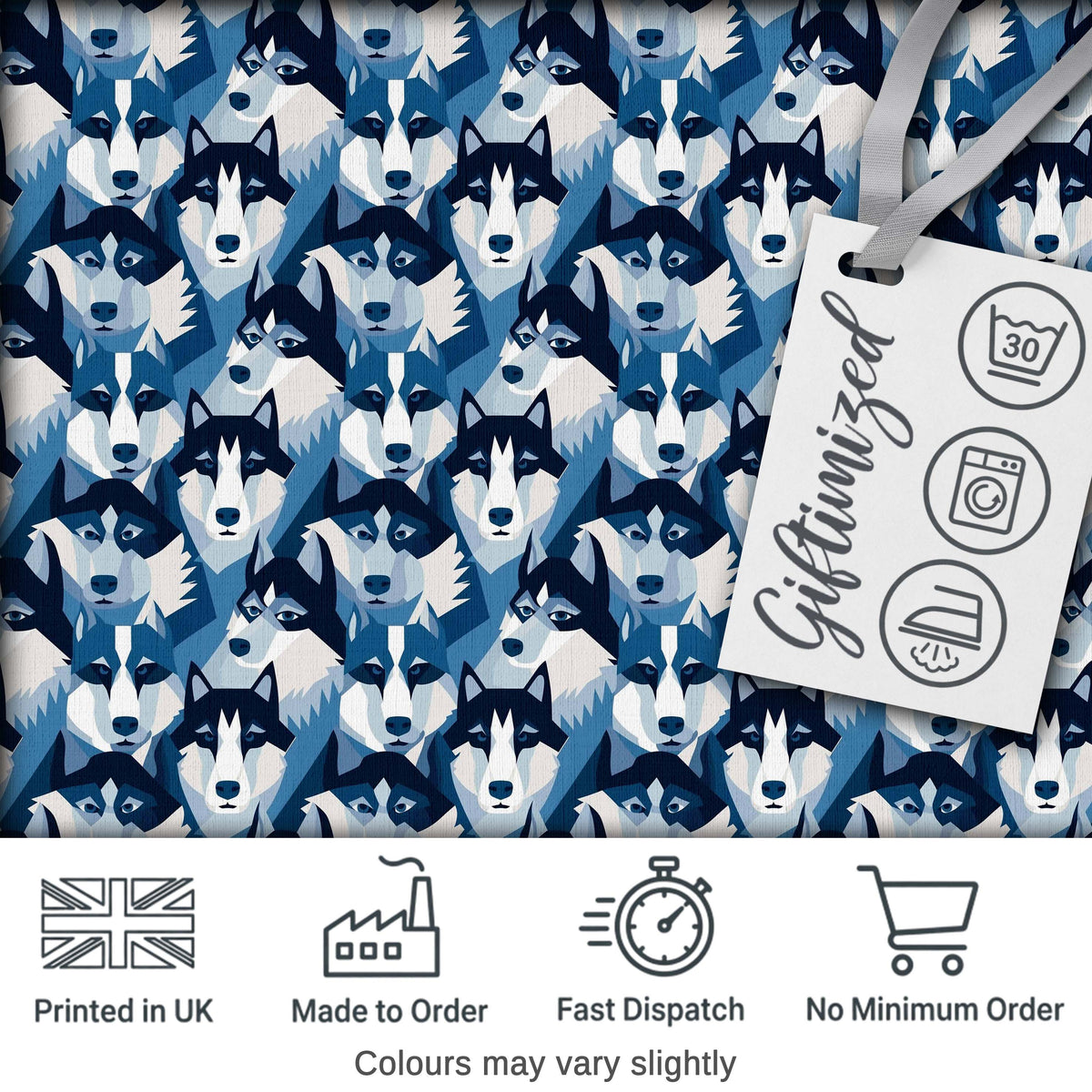 Modern Geometric Husky Dog Heads Seamless Pattern Blue Tone Abstract Style Digital Print Fabric by the Metre UK Sewing Quilting Textile