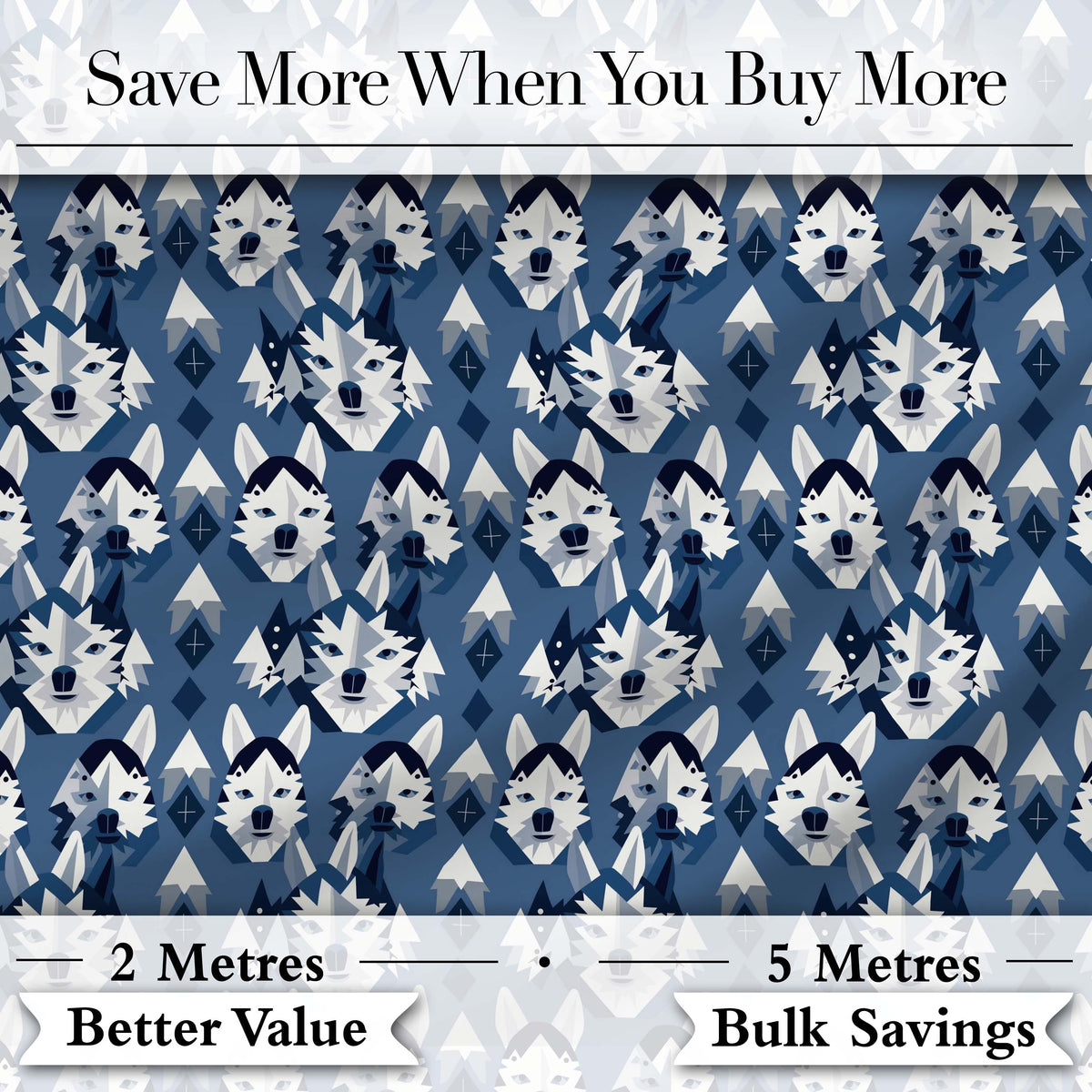 Nordic Husky Dog and Trees Seamless Pattern Winter Style Blue Background Digital Print Fabric by the Metre UK Sewing Quilting Textile