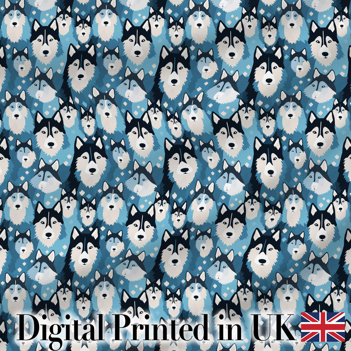 Cute Cartoon Husky Dog Faces Seamless Pattern Blue Heart Background Digital Print Fabric by the Metre UK Sewing Quilting Textile