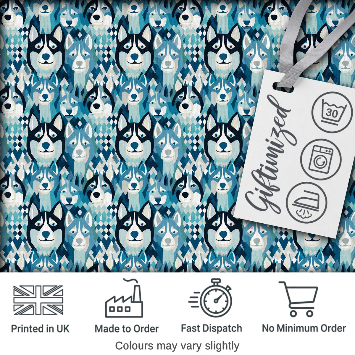 Argyle Style Husky Dog Faces Seamless Pattern Blue Geometric Background Digital Print Fabric by the Metre UK Sewing Quilting Textile