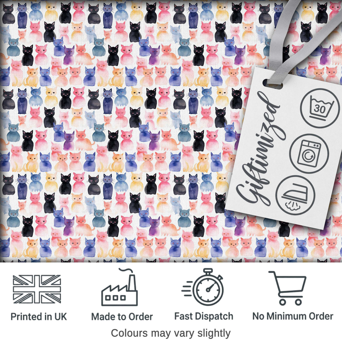 Colorful Watercolor Cats Seamless Pattern Cute Multicolor Kitten Background Digital Print Fabric by the Metre UK Sewing Quilting Textile