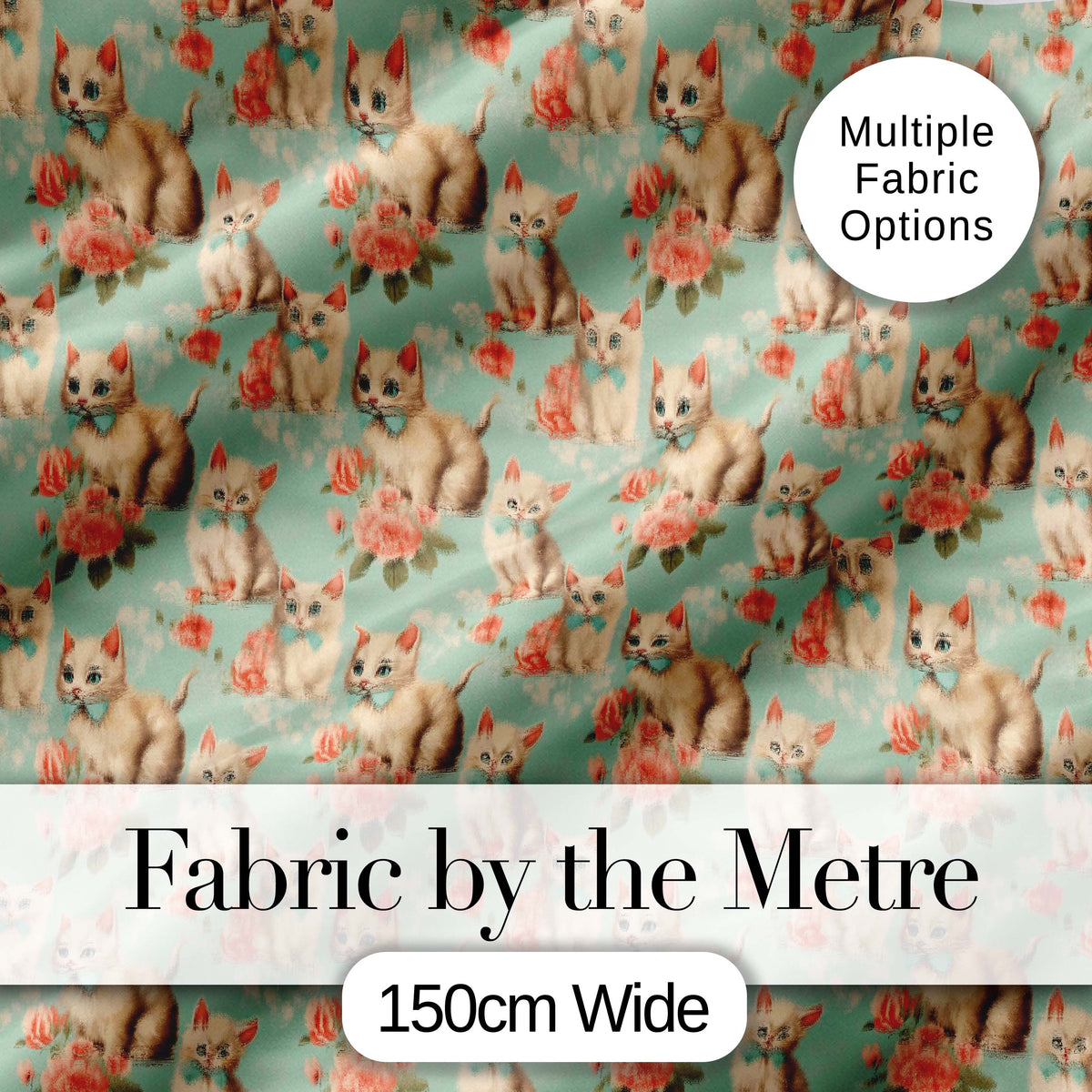 Vintage Style Cream Kitten with Rose Seamless Pattern Elegant Floral Background Digital Print Fabric by the Metre UK Sewing Quilting Textile