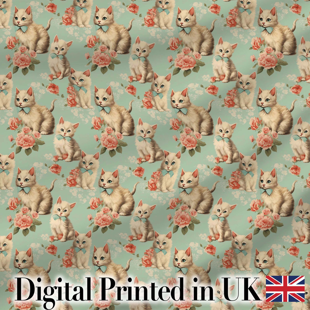 Vintage Style Cream Kitten with Rose Seamless Pattern Elegant Floral Background Digital Print Fabric by the Metre UK Sewing Quilting Textile
