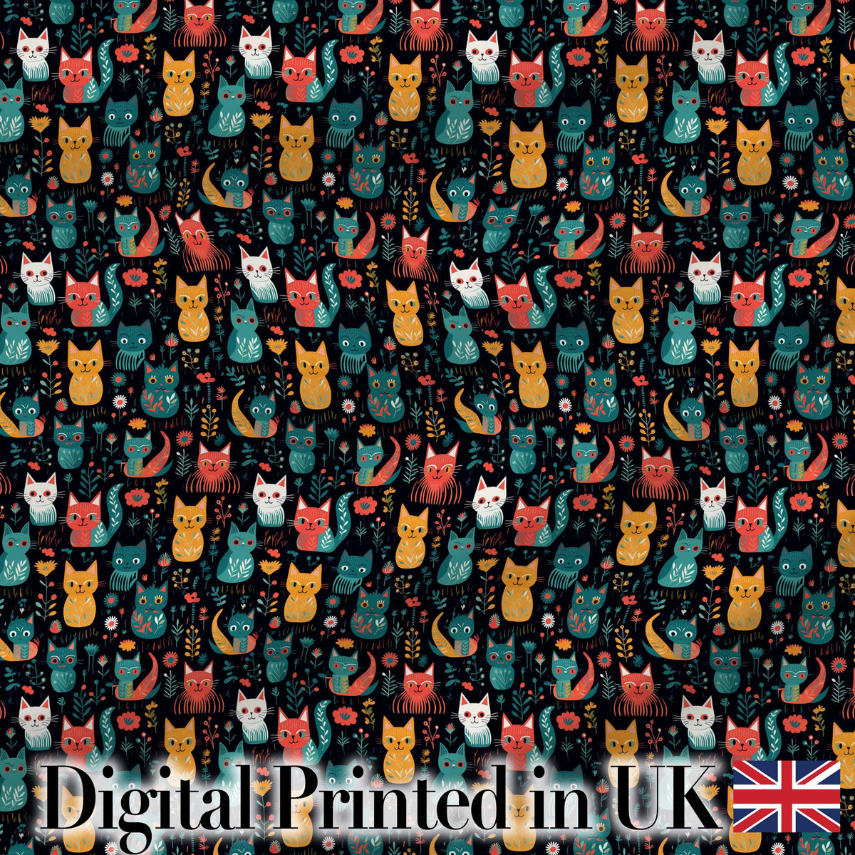 Cute Folk Art Cats Seamless Pattern Night Background Colorful Kitten Design Digital Print Fabric by the Metre UK Sewing Quilting Textile
