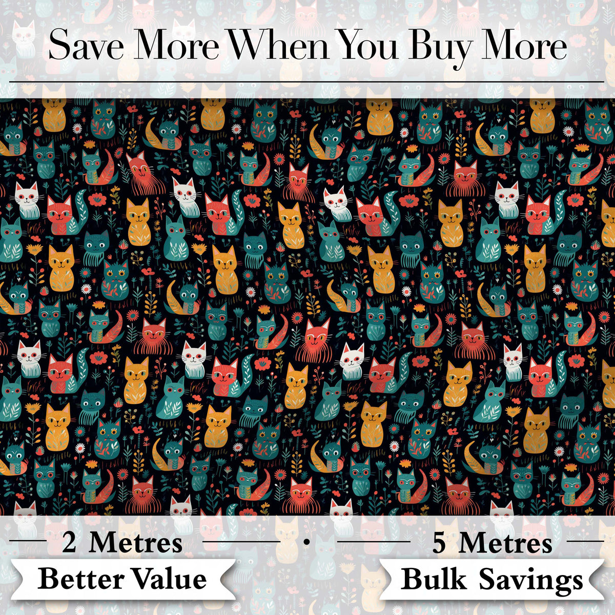 Cute Folk Art Cats Seamless Pattern Night Background Colorful Kitten Design Digital Print Fabric by the Metre UK Sewing Quilting Textile