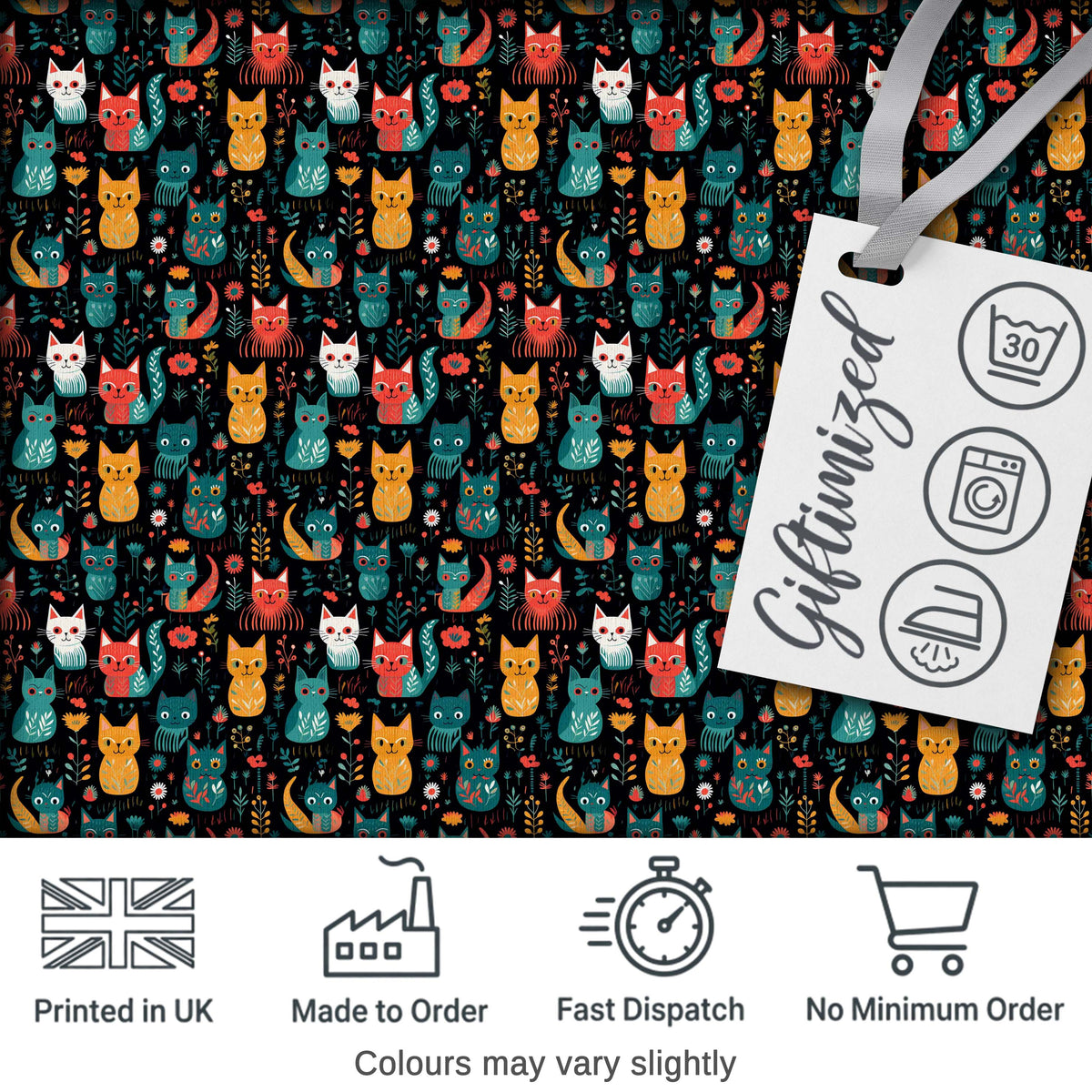 Cute Folk Art Cats Seamless Pattern Night Background Colorful Kitten Design Digital Print Fabric by the Metre UK Sewing Quilting Textile