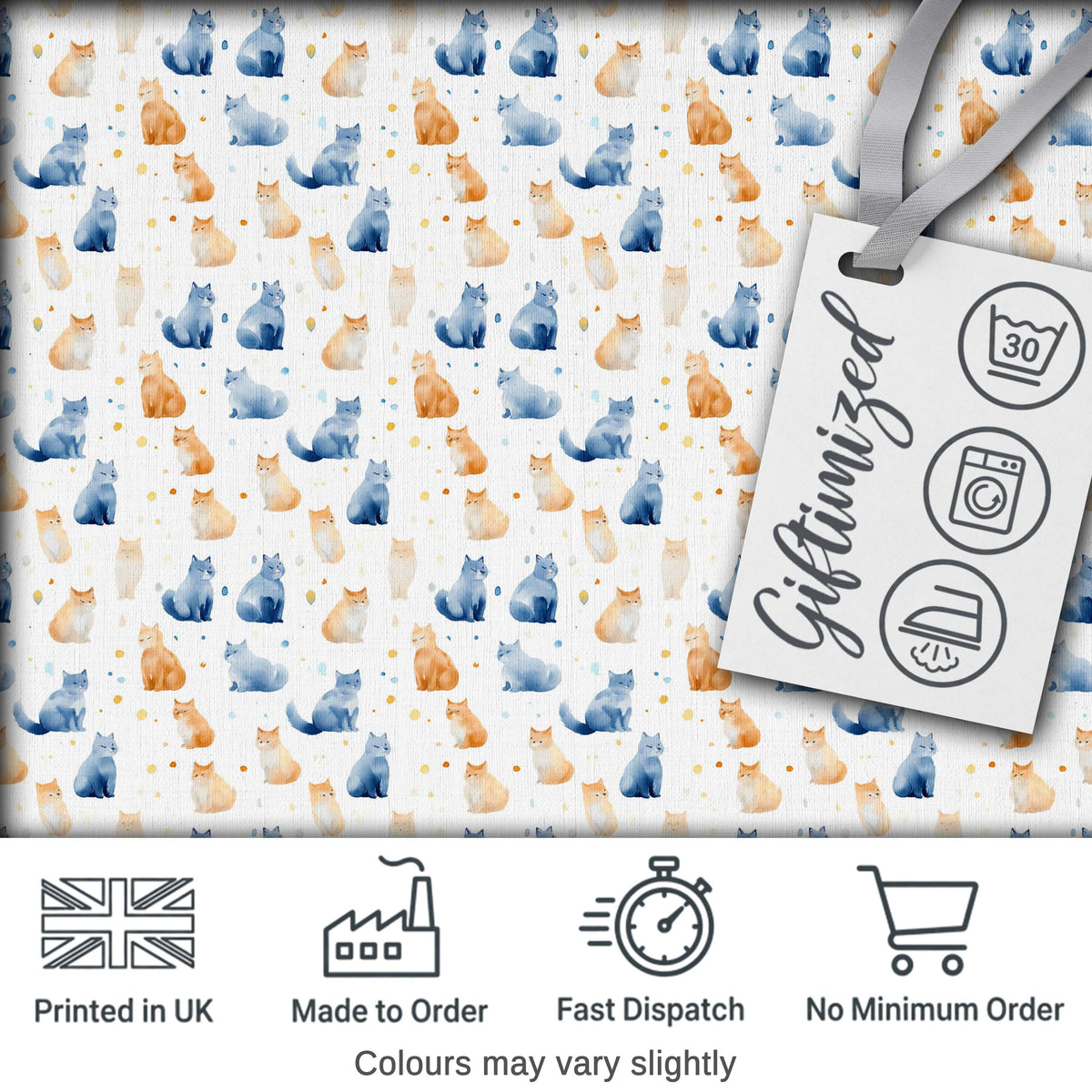 Soft Watercolor Blue and Ginger Cats Seamless Pattern Minimal White Background Digital Print Fabric by the Metre UK Sewing Quilting Textile