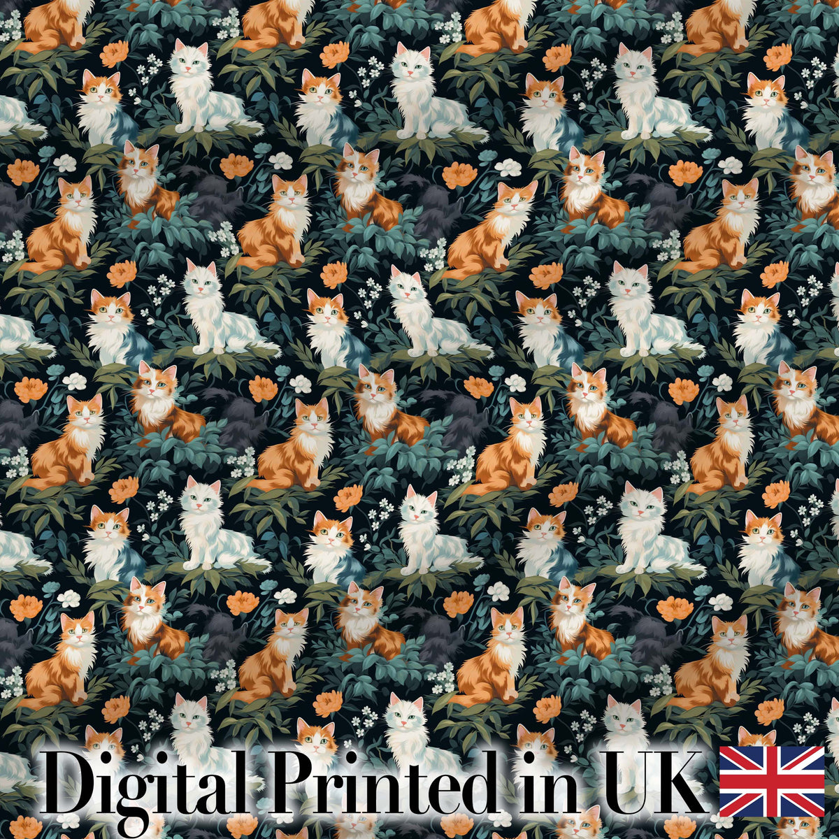 Cute Floral Garden Cats with Dark Botanical Background Seamless Pattern Digital Print Fabric by the Metre UK Sewing Quilting Textile