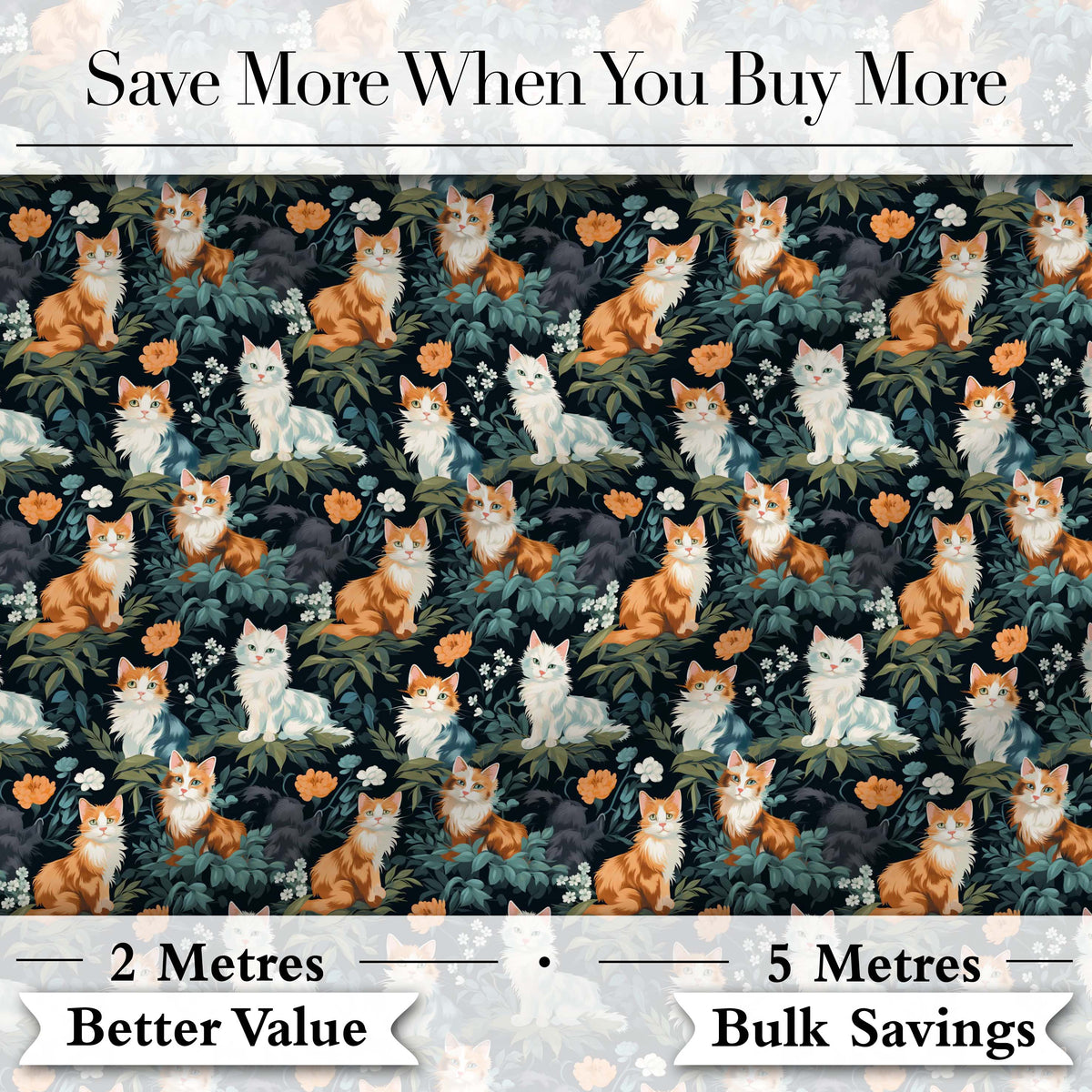 Cute Floral Garden Cats with Dark Botanical Background Seamless Pattern Digital Print Fabric by the Metre UK Sewing Quilting Textile