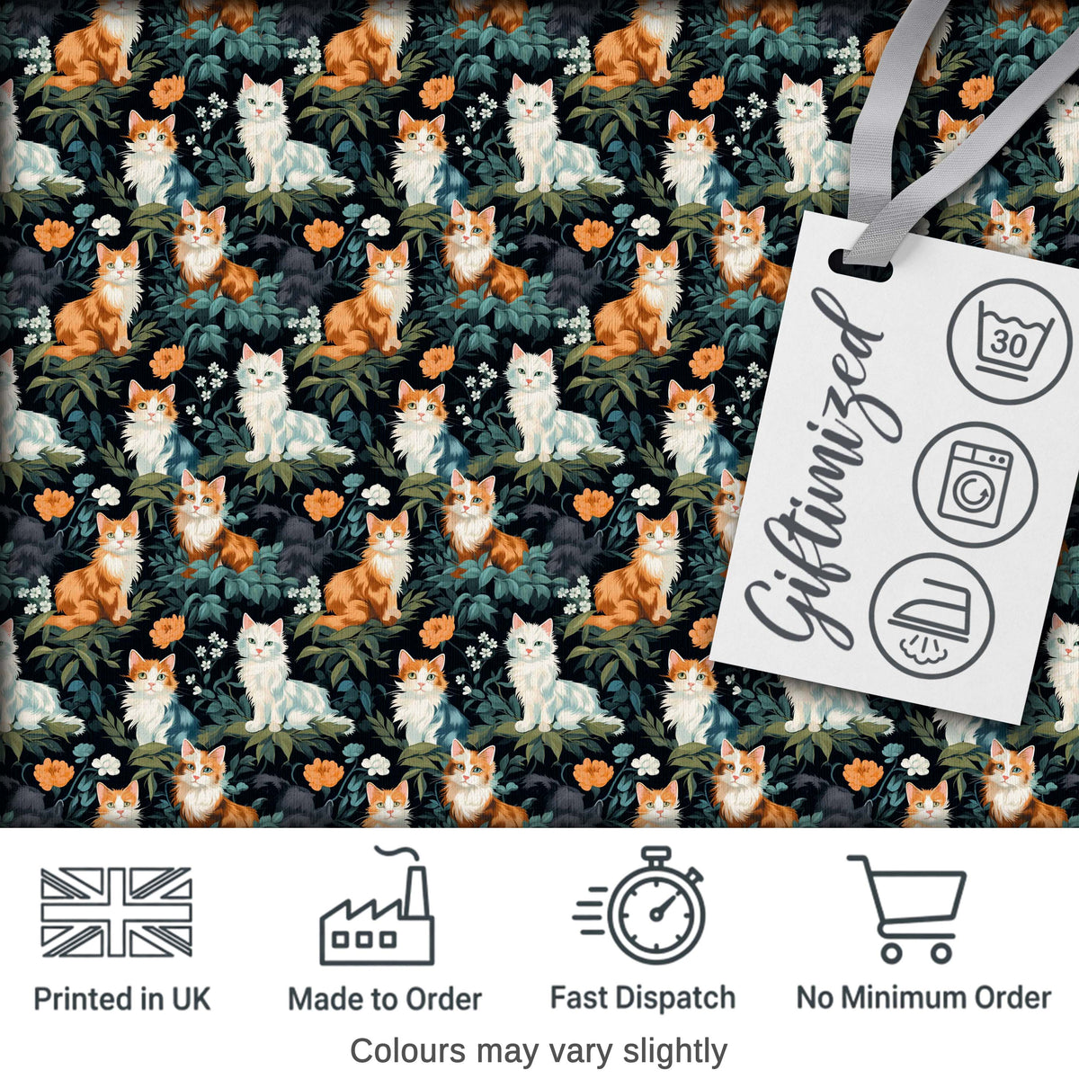 Cute Floral Garden Cats with Dark Botanical Background Seamless Pattern Digital Print Fabric by the Metre UK Sewing Quilting Textile