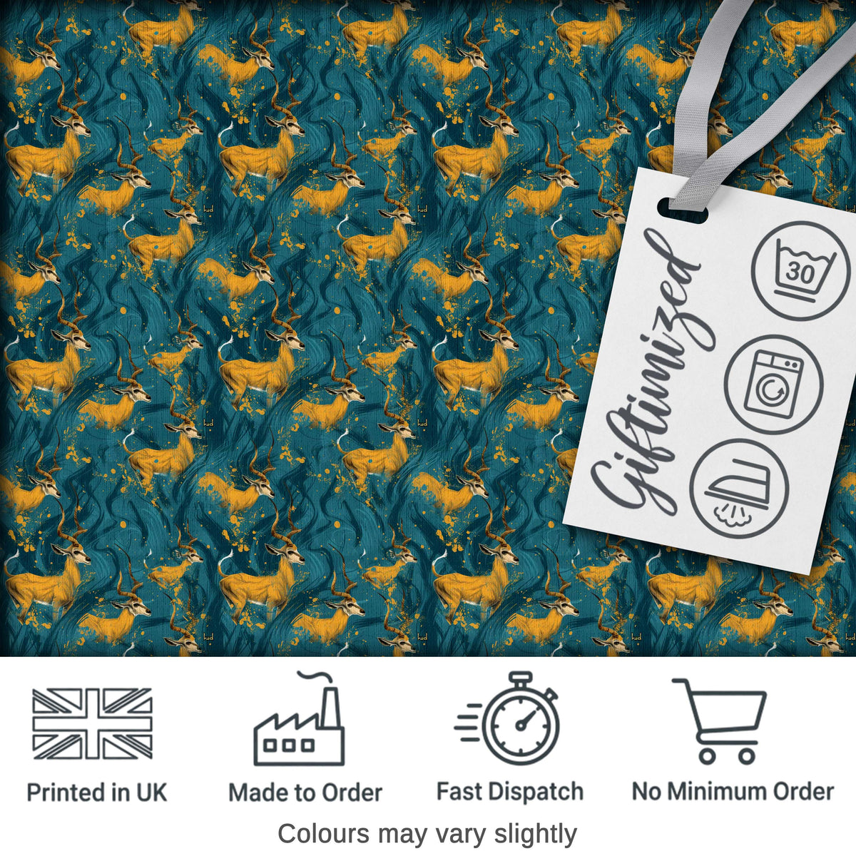 Artistic Golden Antelope on Teal Fluid Background Seamless Pattern Digital Print Fabric by the Metre UK Sewing Quilting Textile