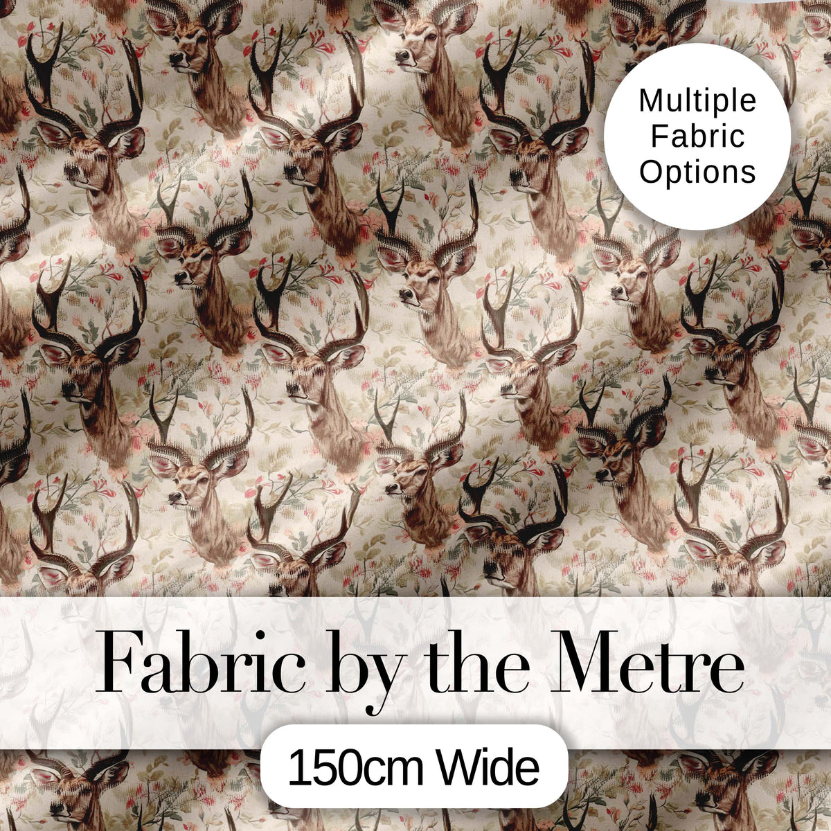 Vintage Deer Illustration with Floral Branche Cream Background Seamless Pattern Digital Print Fabric by the Metre UK Sewing Quilting Textile