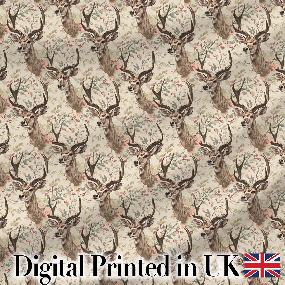 Vintage Deer Illustration with Floral Branche Cream Background Seamless Pattern Digital Print Fabric by the Metre UK Sewing Quilting Textile